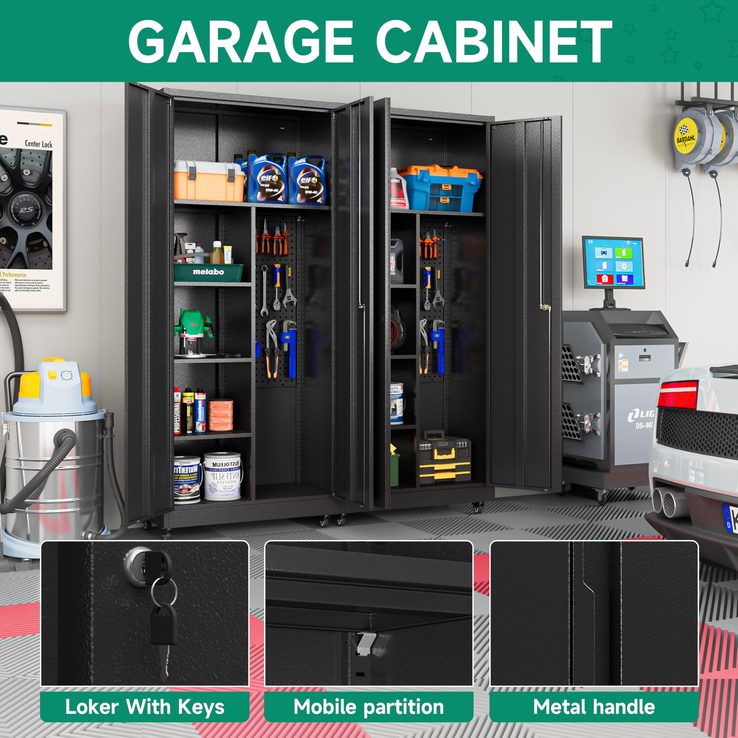 Heavy-Duty Metal Garage Storage Cabinet with Wheels - Rolling Tool Storage Cabinet with Lock & Adjustable Shelves - Steel Locking Cabinet for Office, Home, Garage & Workshop (Black) | Perfect for Organizing Tools, Equipment & Supplies in Any Workspace