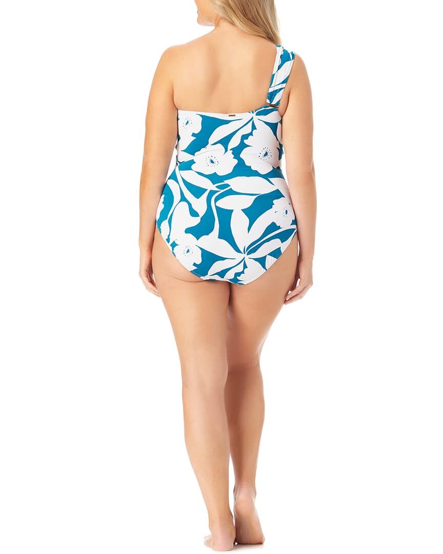 Anne Cole Plus Size One Shoulder Twist One-Piece Swimsuit - Teal Floral Print Size 18W - Flattering Swimwear for Curvy Women, Beach Vacation & Pool Party