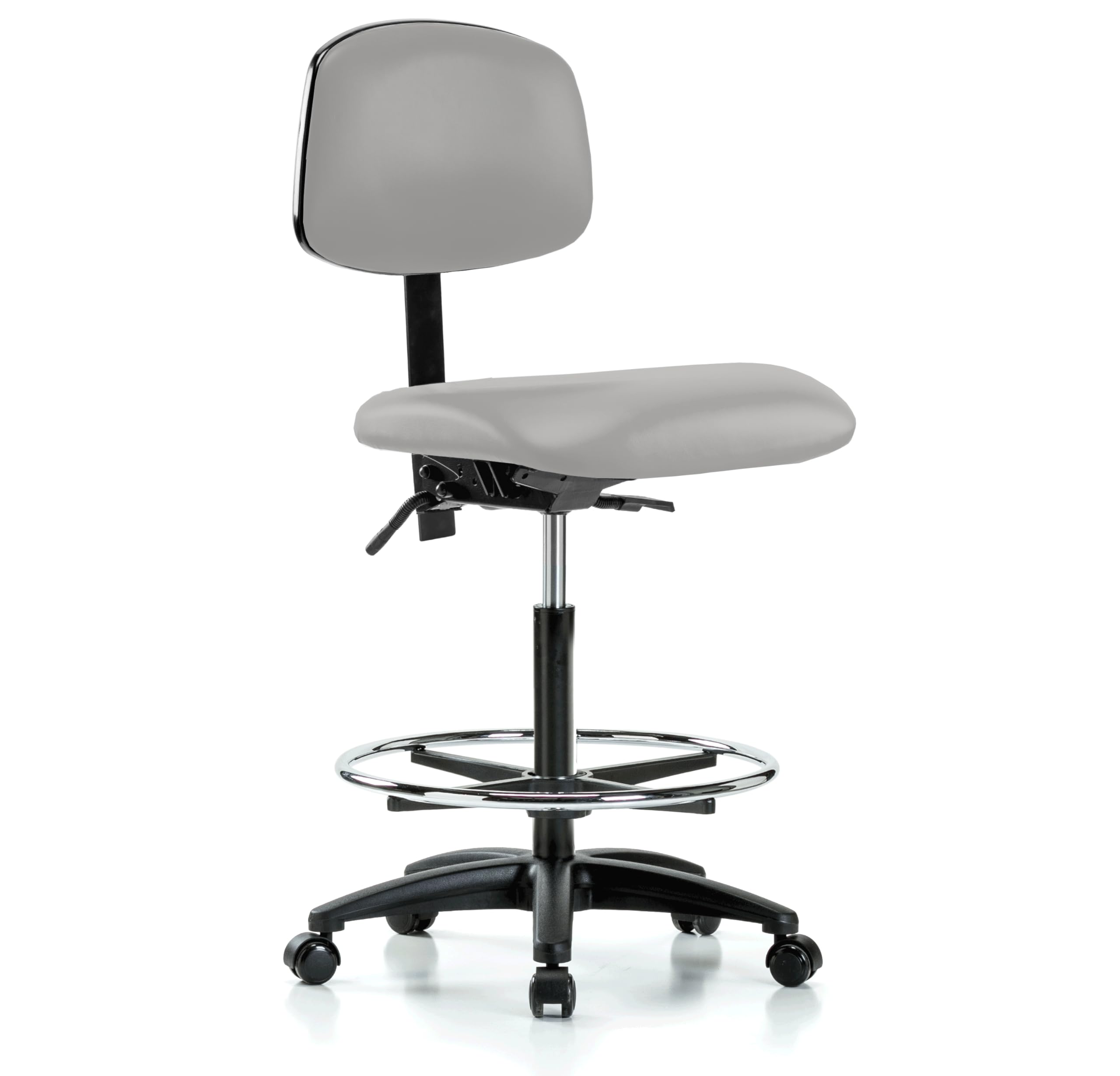 PERCH Adjustable Rolling Lab Chair with Back Support & Foot Ring - Counter Height Bar Stool for Hardwood & Tile Floors - Grey Vinyl Upholstered Office Chair for Laboratories, Kitchens & Home Workspaces