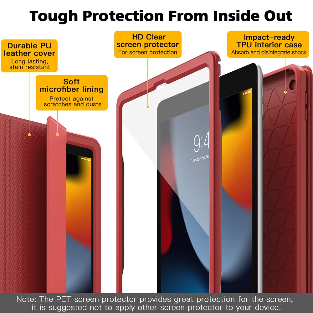 MoKo Shockproof Case for iPad 10.2 Inch (9th/8th/7th Generation 2021/2020/2019) - Built-in Screen Protector & Apple Pencil Holder, Auto Sleep/Wake Protective Cover - Perfect for Work, School & Travel (Red)