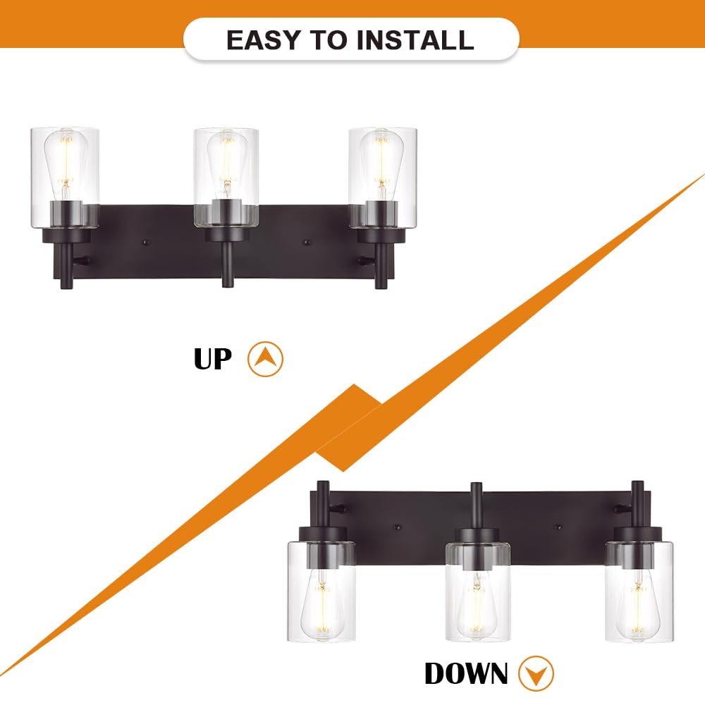 VINLUZ Oil Rubbed Bronze 3-Light Vanity Bathroom Wall Sconce - Rustic Vintage Lighting Fixture with Clear Glass Shade - Perfect for Bathroom, Bedroom, Porch & Entryway (Patent No.: US D958,438 S)