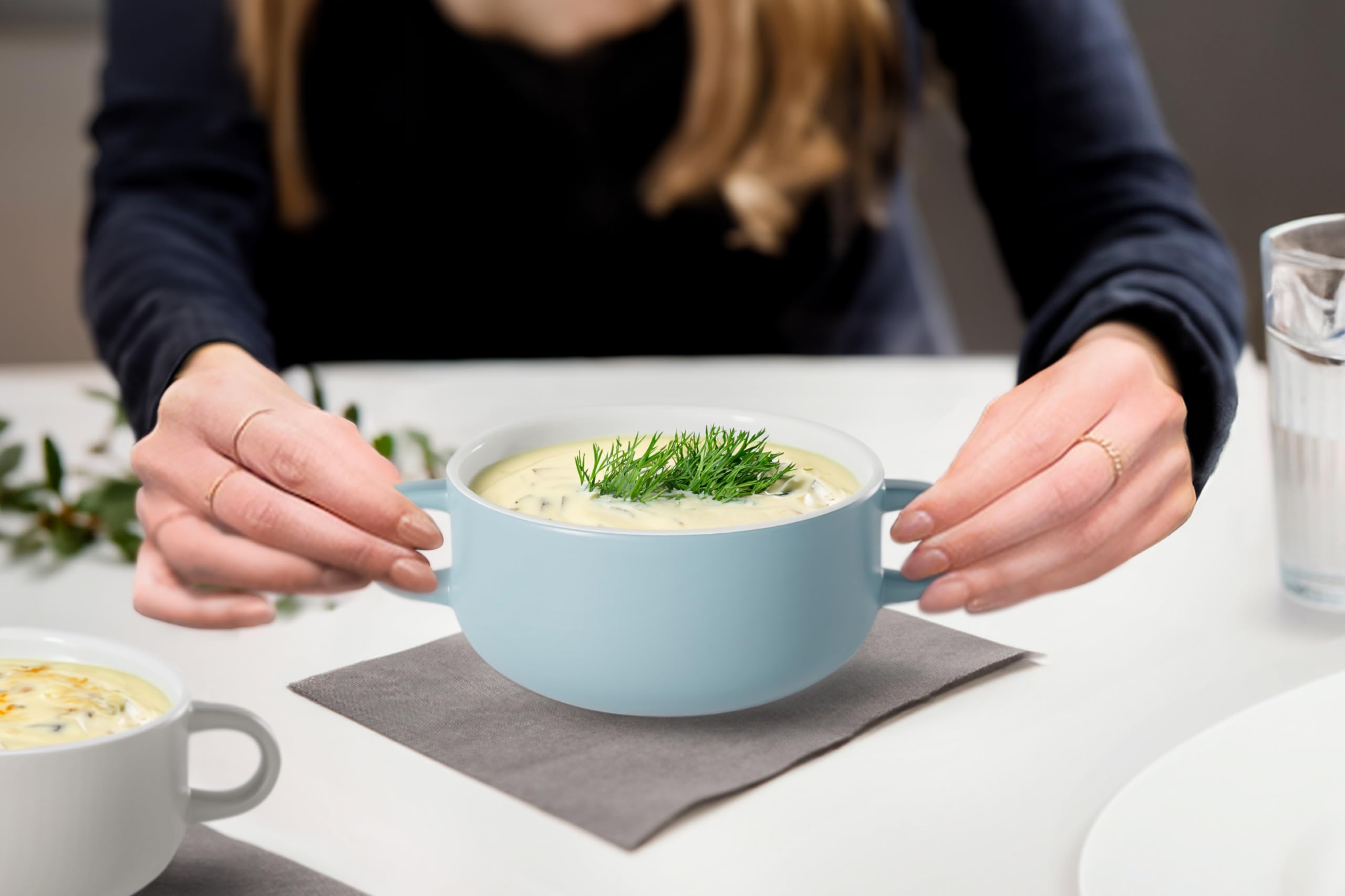 KooK 18 oz Ceramic Soup Crocks with Handles - Oven, Broiler, Microwave & Dishwasher Safe Bowls - Set of 4 Pale Blue Soup Bowls for Casserole, Pasta, Cereal - Perfect for Family Dinners & Entertaining Guests