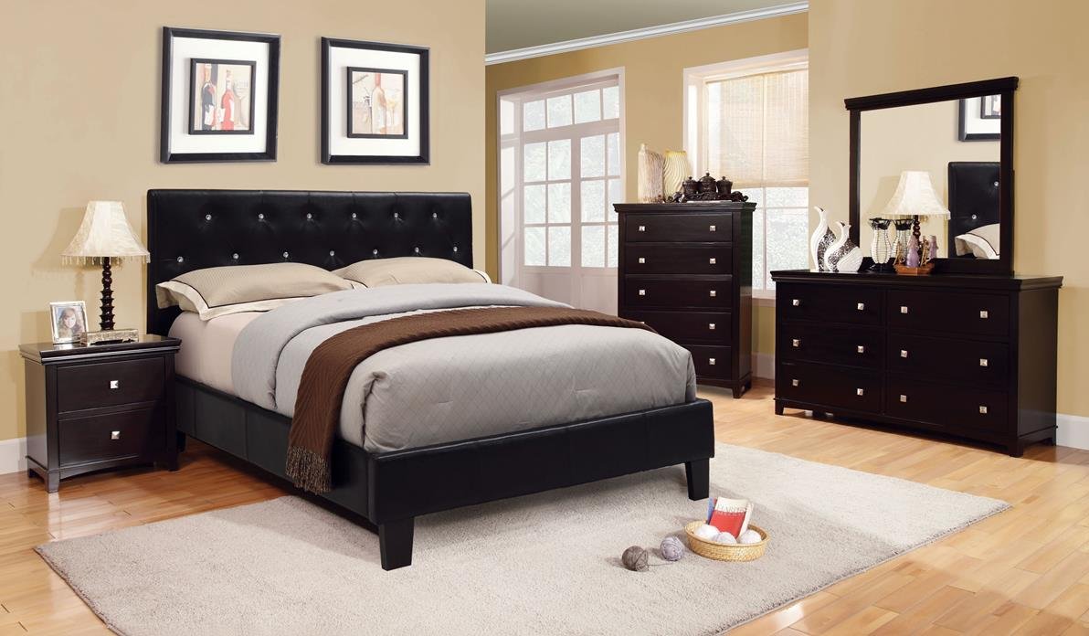 Furniture of America Cerra Leatherette Upholstered Platform Bed Frame - Twin Size, Black Faux Leather - Modern Bedroom Furniture for Small Spaces & Guest Rooms