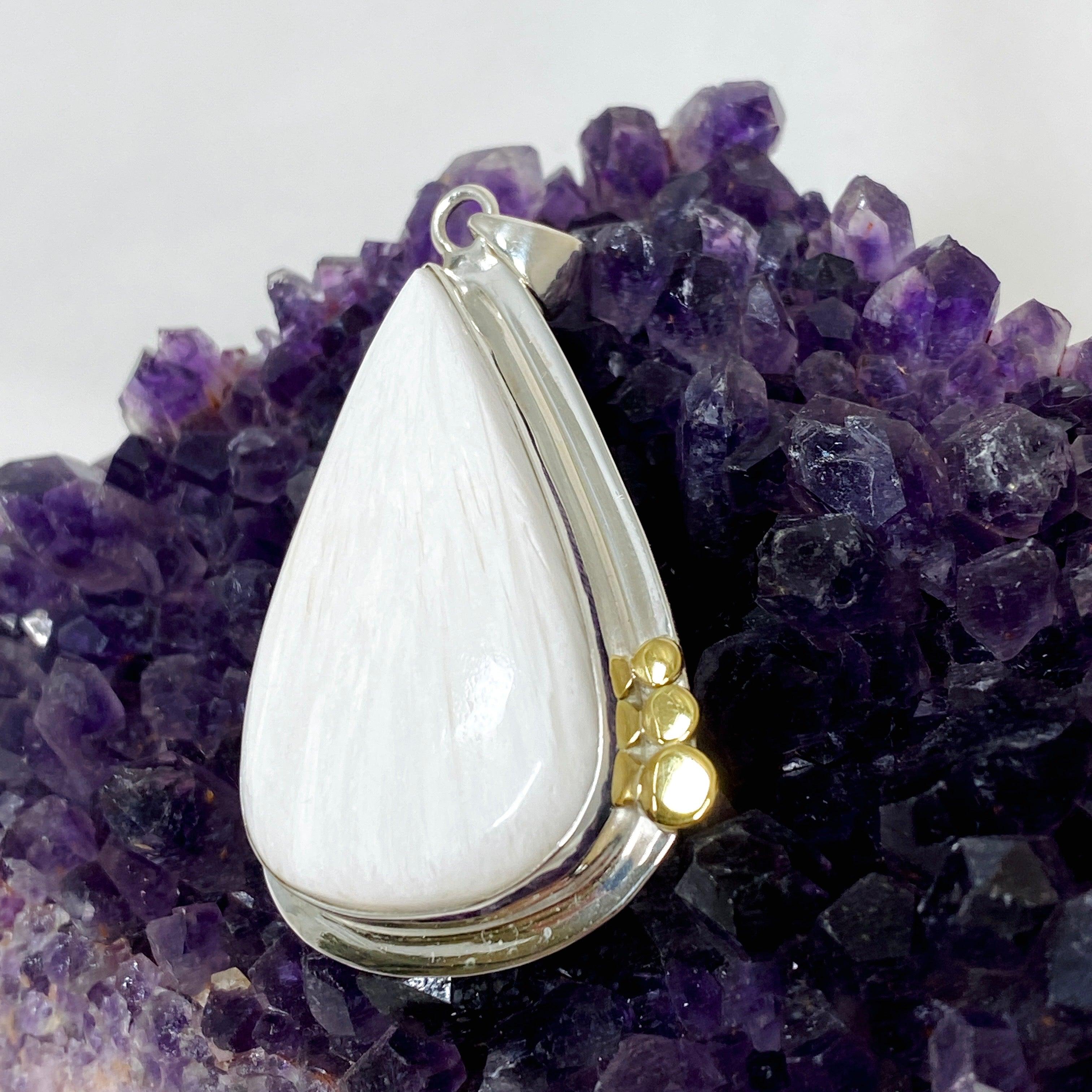 Natural Scolecite Teardrop Pendant Necklace - 925 Sterling Silver Handmade Jewelry for Meditation & Healing | Spiritual Gift for Women | Perfect for Yoga, Reiki & Energy Work