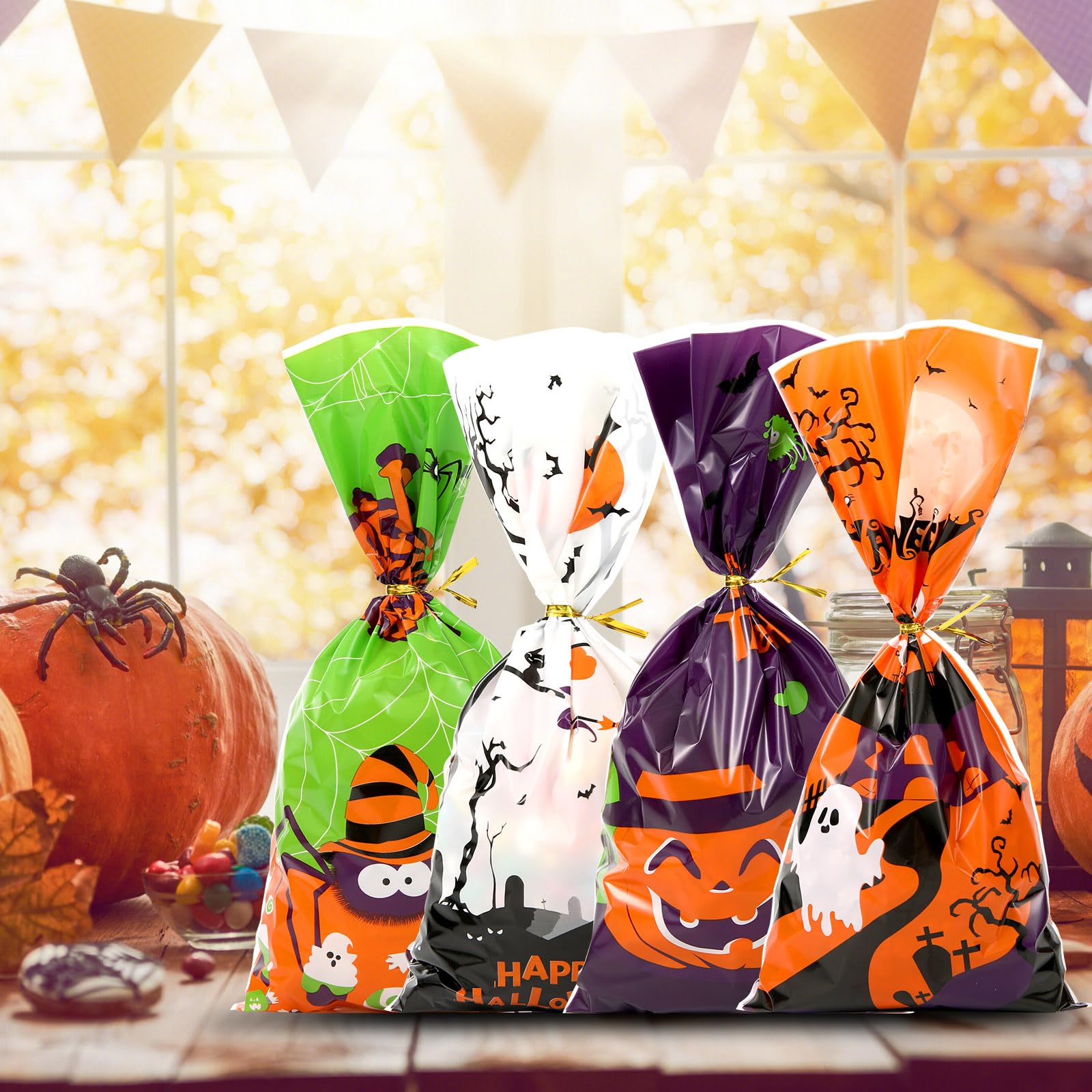 Halloween Cellophane Treat Bags 50 Pack - Cute Trick or Treat Candy Bags with Twist Ties for Halloween Party Favors, Goodie Bags & Gift Bags (Style 01) - Perfect for Trick-or-Treating, Classroom Treats & Halloween Party Favors