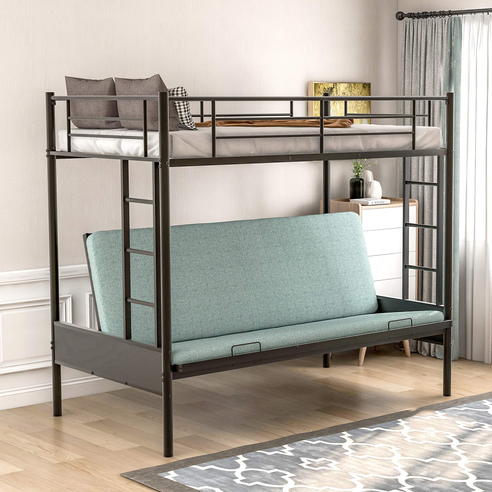 Convertible Metal Bunk Bed - Twin Over Full with Ladders & Guardrail for Kids' Bedroom