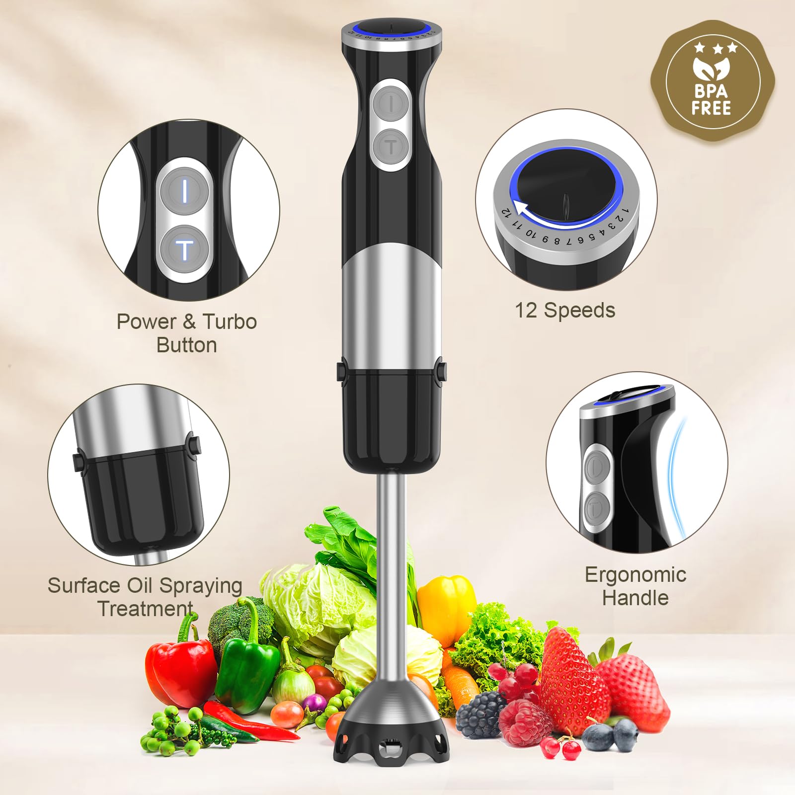 5-in-1 Immersion Hand Blender 1100W - 12 Speed & Turbo Boost Stick Blender with Stainless Steel Chopper, Mixing Beaker, Whisk & Milk Frother for Smoothies, Purees, Milkshakes, Soups & Baby Food - Professional Kitchen & Home Cooking Essential