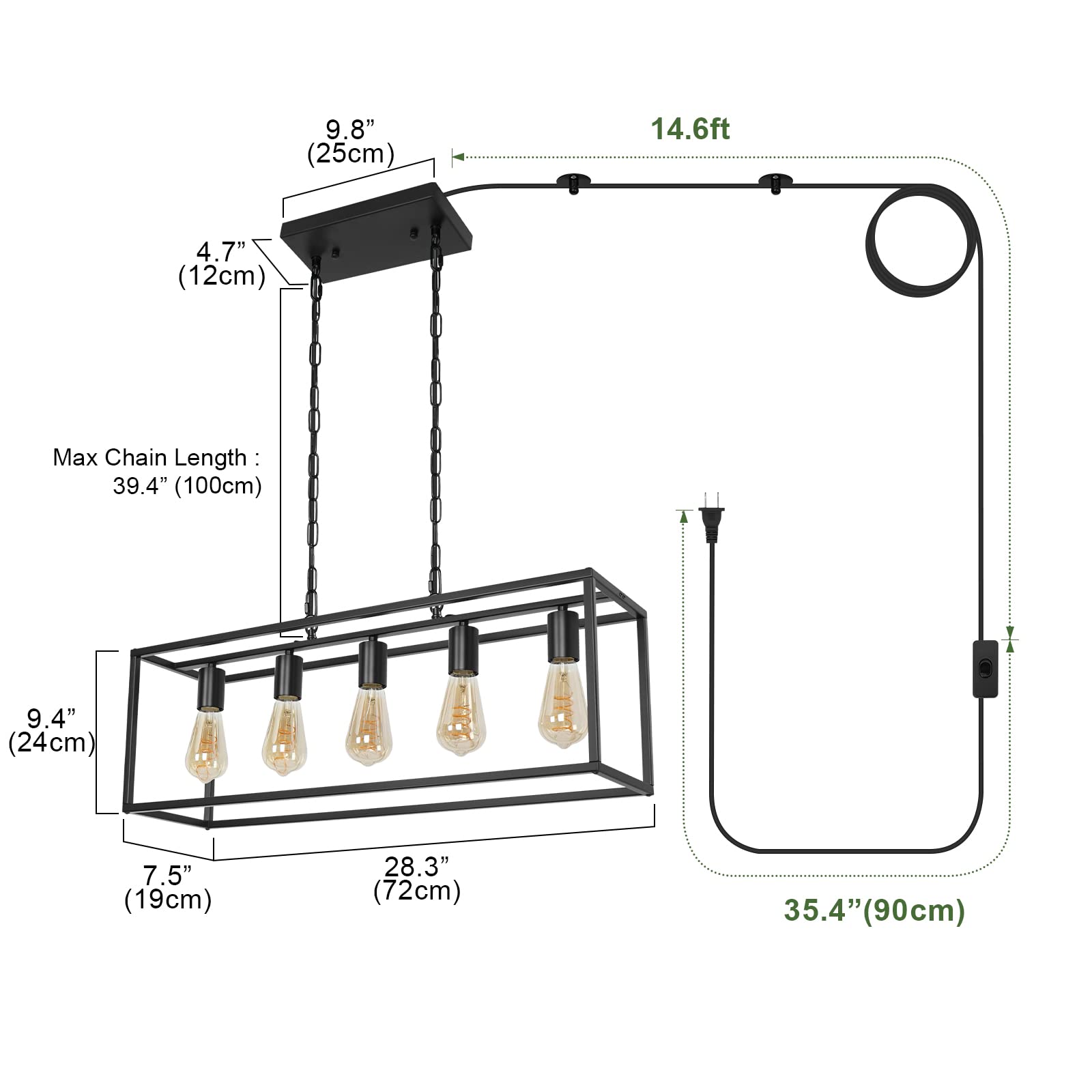 ZOSIMIO Black Farmhouse Plug-in Kitchen Island Lighting - Industrial Modern 5-Light Linear Chandelier with 17.5ft Cord - Rectangular Light Fixture for Dining Room, Living Room, Bar & Restaurant - Perfect for Farmhouse, Industrial & Modern Home Decor
