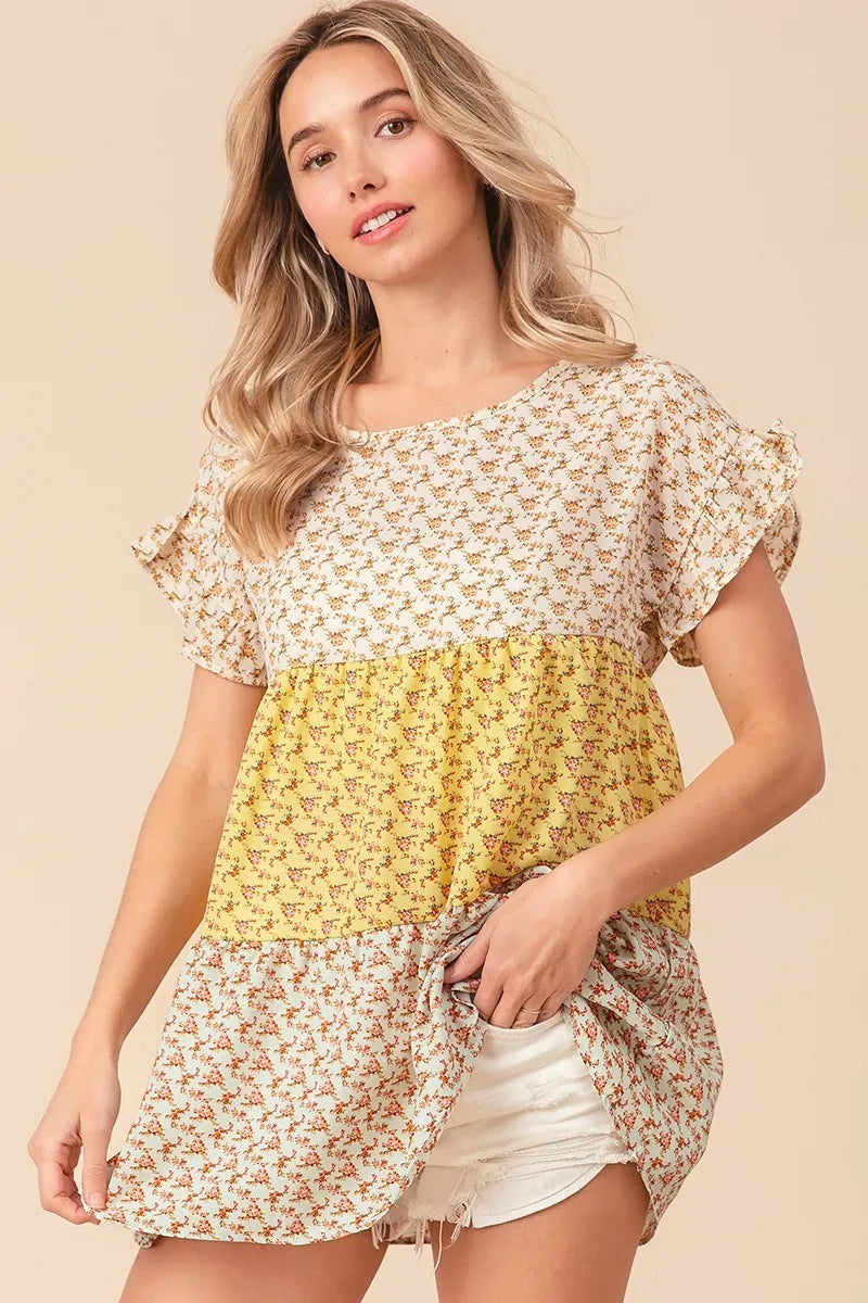 BiBi Floral Printed Woven Color Block Tiered Blouse - Women's Fashion Boho Chic Tunic Top for Casual Wear, Summer Outfits & Beach Vacations