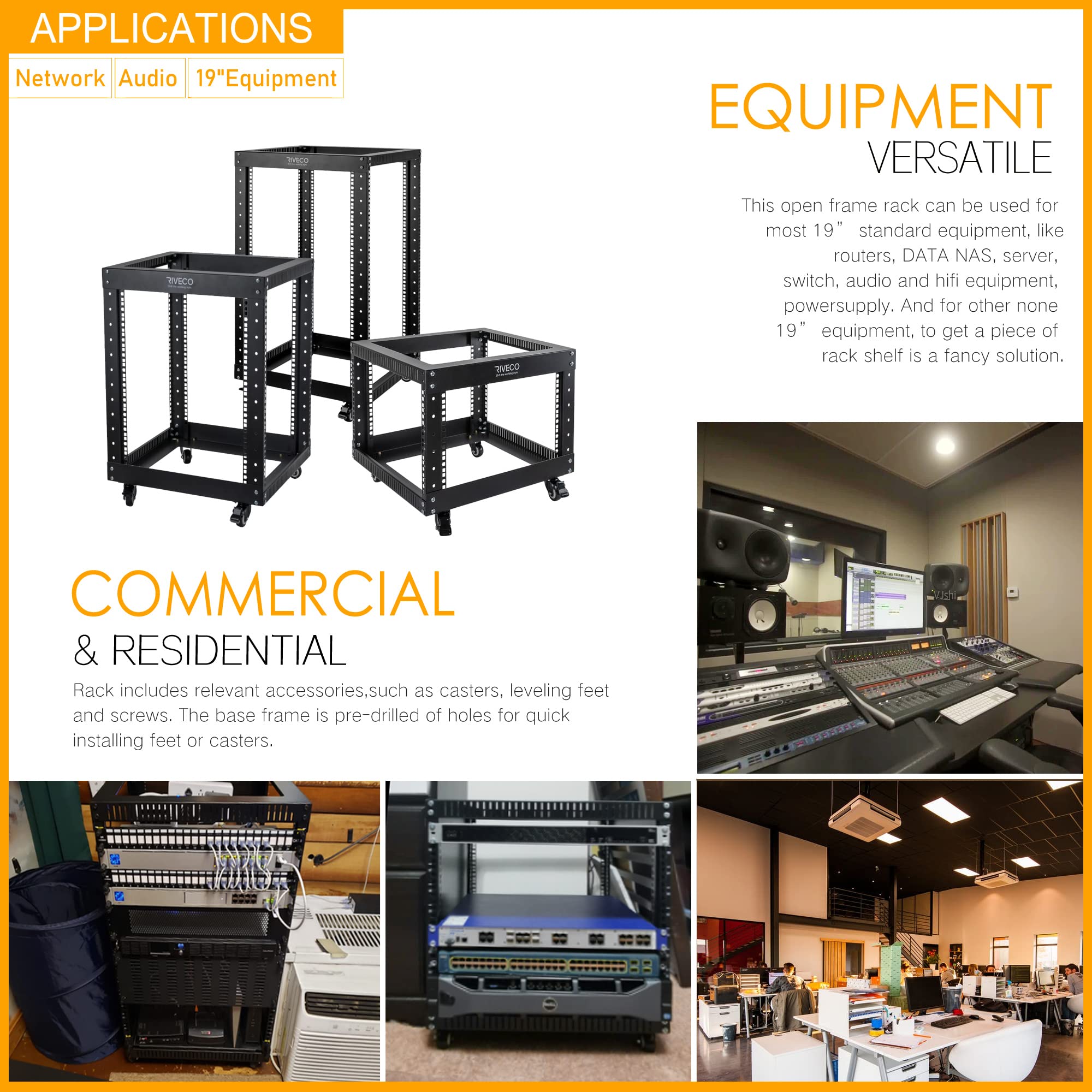 12U Open Frame Server Rack with Casters - RIVECO 4-Post 19-Inch Network Cabinet, Heavy Duty Black for Data Center & IT Equipment - Perfect for Server Rooms, Home Labs, and Office Network Setups