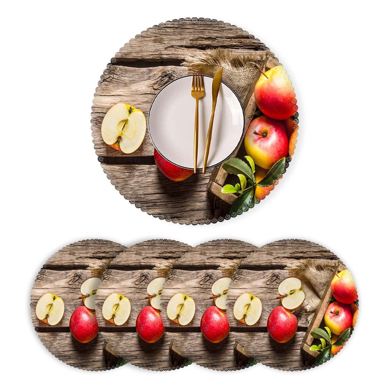 Round Washable Polyester Placemats Set of 4 - Heat Resistant Kitchen Table Mats for Dining Room Decor | Farmhouse Style Apple Design - Perfect for Family Dinners, Holiday Meals & Everyday Use