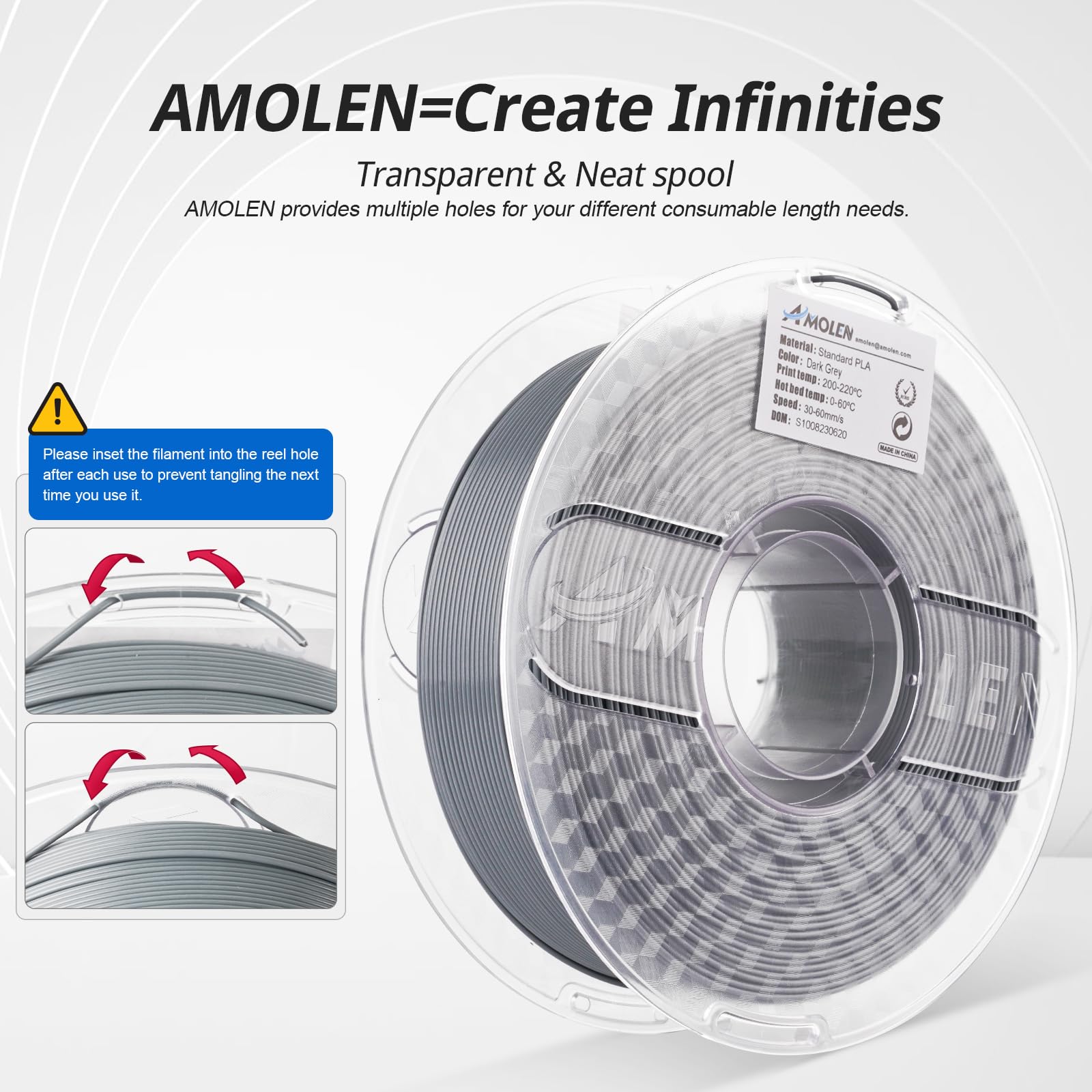 AMOLEN 1.75mm PLA 3D Printer Filament - High Speed Dark Grey 1KG/2.2lb, ±0.02mm Precision, Smooth Tangle-Free for FDM Printers (500mm/s) - Perfect for Rapid Prototyping, DIY Crafts & Educational Projects
