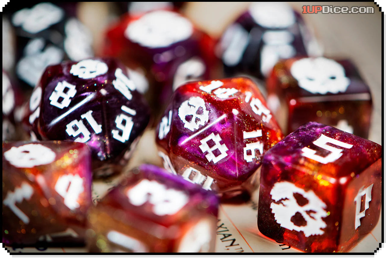 1UP Dice Polyhedral Set - Cackling Skull RPG Dice for Dungeons & Dragons, Pathfinder & Tabletop Gaming - 7-Piece Polyhedral Dice Set with D4, D6, D8, D10, D12, D20 & Percentile Die - Perfect for D&D Campaigns, Board Games & Gift Giving