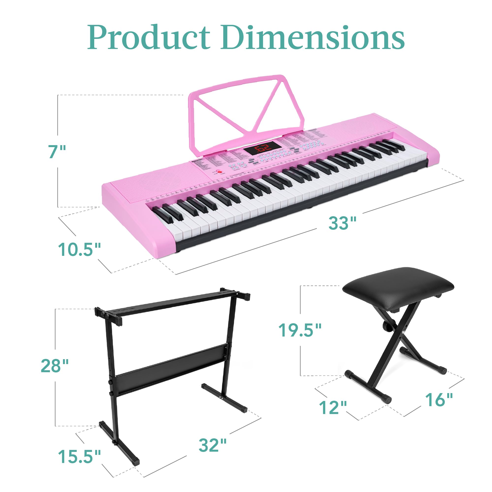 Best Choice Products 61-Key Portable Electronic Keyboard Piano Set with LED Screen, Stand, Bench & Headphones - Pink | Perfect for Beginners, Home Practice & Music Lessons