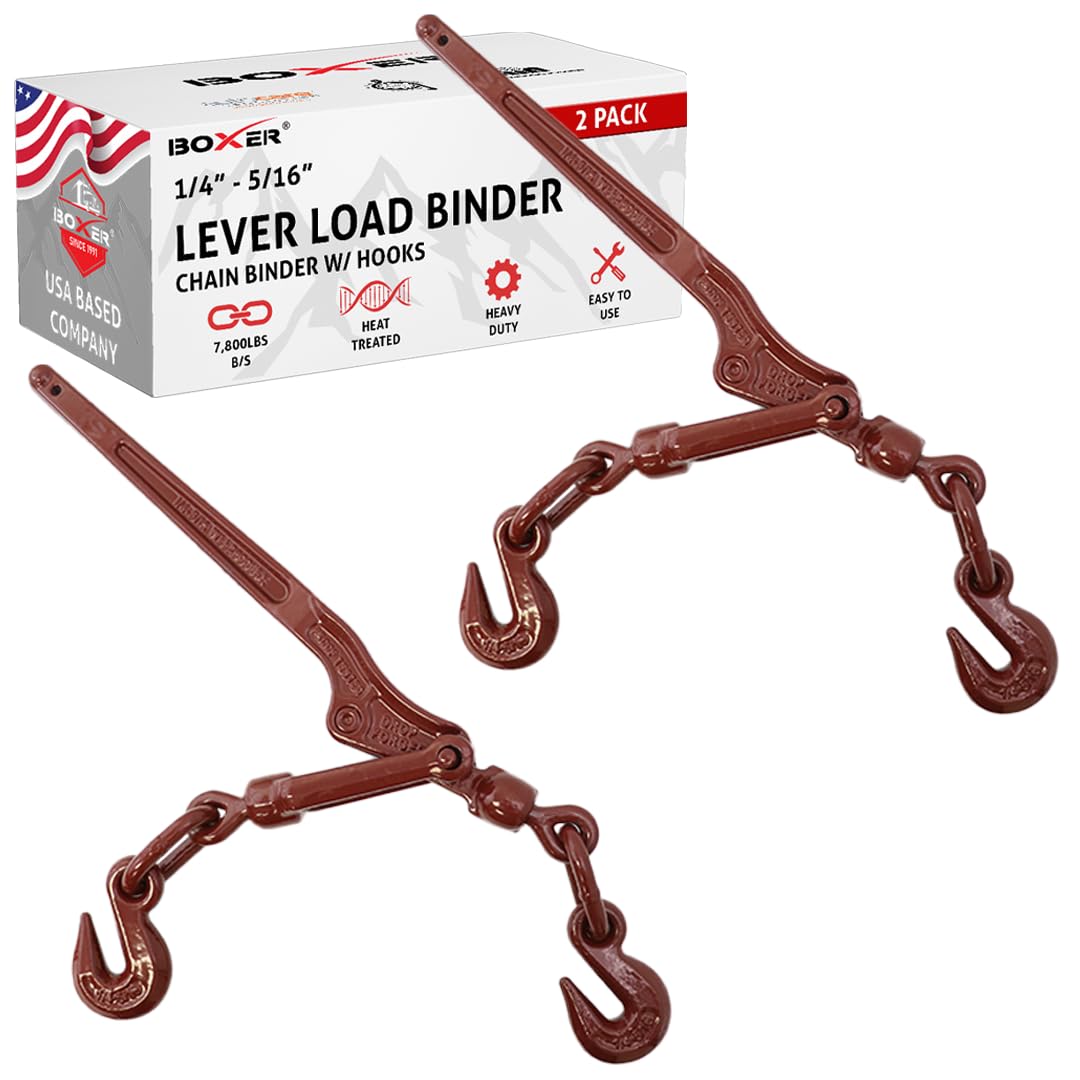 Heavy Duty 2 Pack Chain Lever Load Binder with Forged Grab Hooks - ¼” to 5/16” - 7,800 LBS Breaking Strength - Secure Cargo & Equipment for Trucks, Trailers & Towing - BoxerTool
