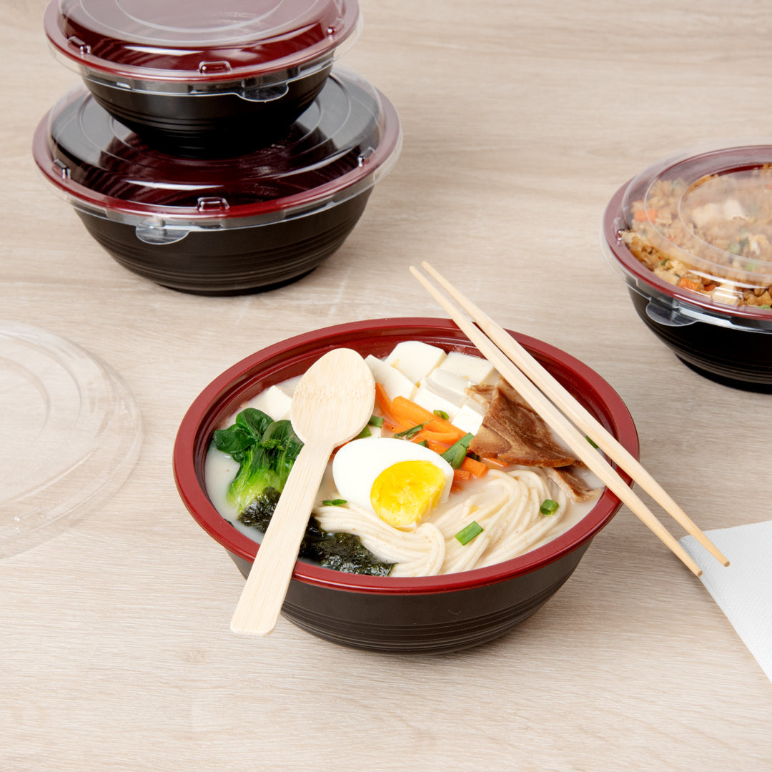 34oz Large Asian Panda Bowl with Clear Lid - Round Black & Red Plastic Microwave-Safe Food Storage Container (7.25