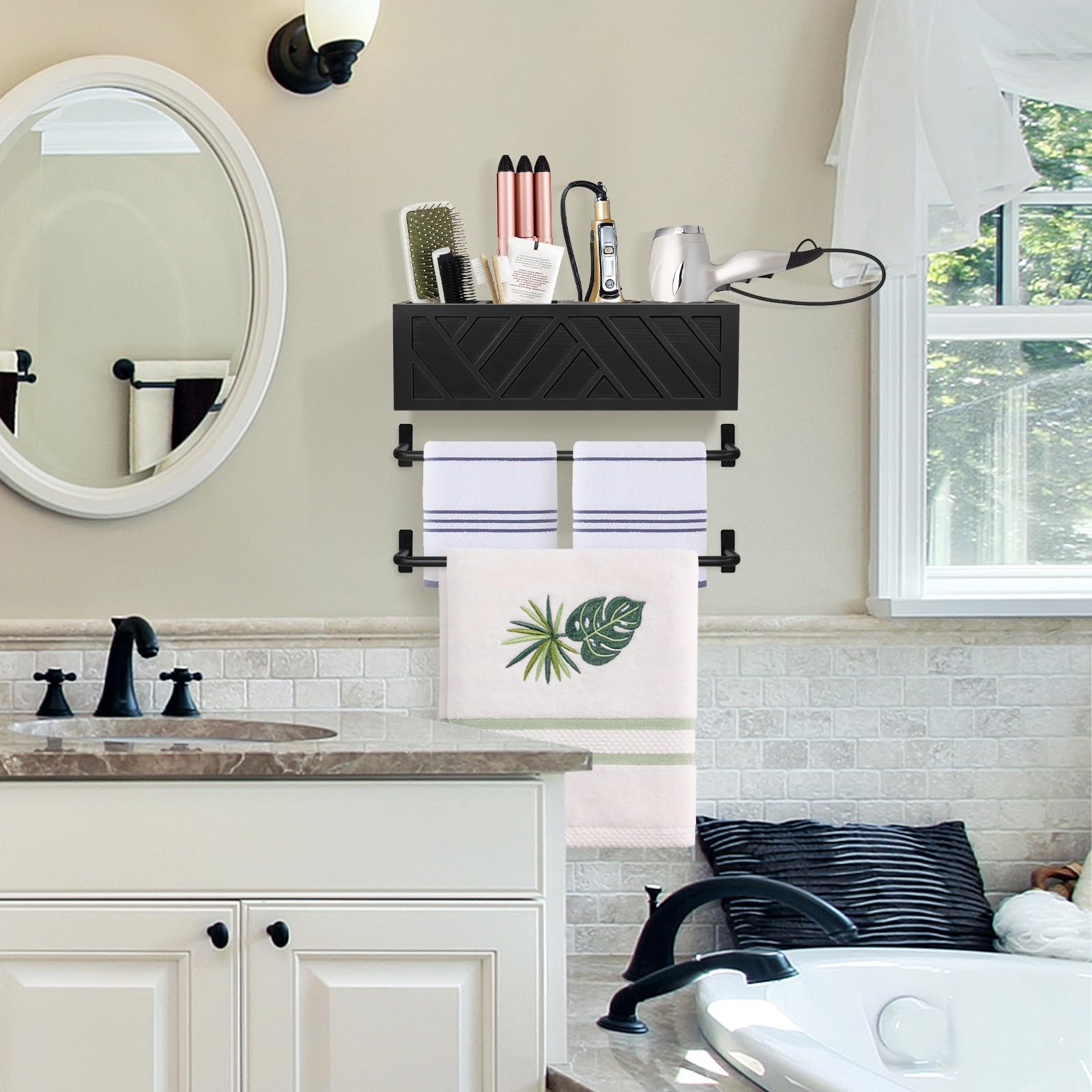 Wall Mount Hair Tool Organizer with 2 Towel Bars - Rustic Wooden Bathroom Organizer for Hair Dryer, Flat Iron, Curling Wand & Brushes - Space Saving Storage Solution for Home Salon & Bathroom Decor (Black)