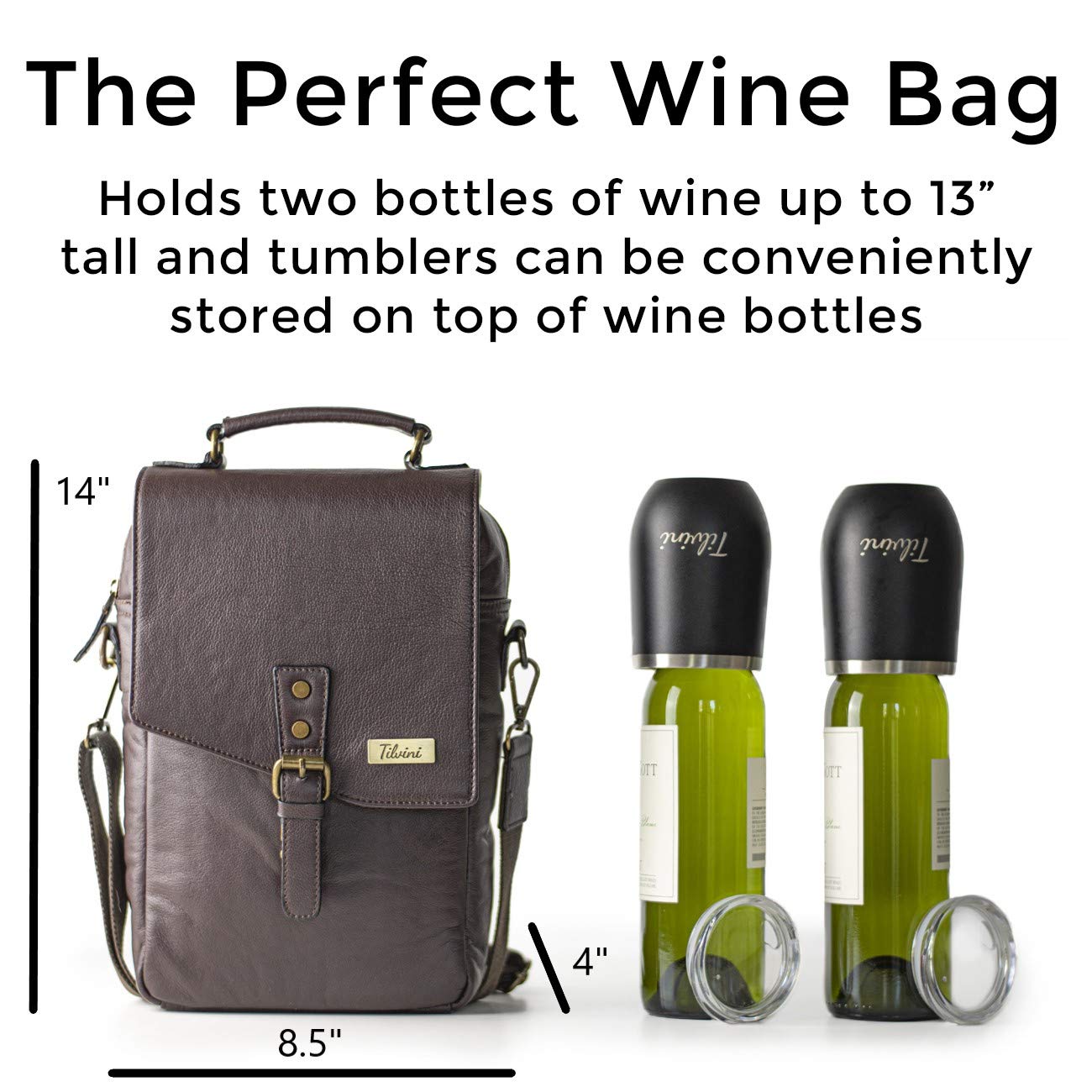 Premium Insulated Leather Wine Tote Bag with 2 Stainless Steel Wine Tumblers - Brown - Perfect for Picnics, Parties & Travel Gifts