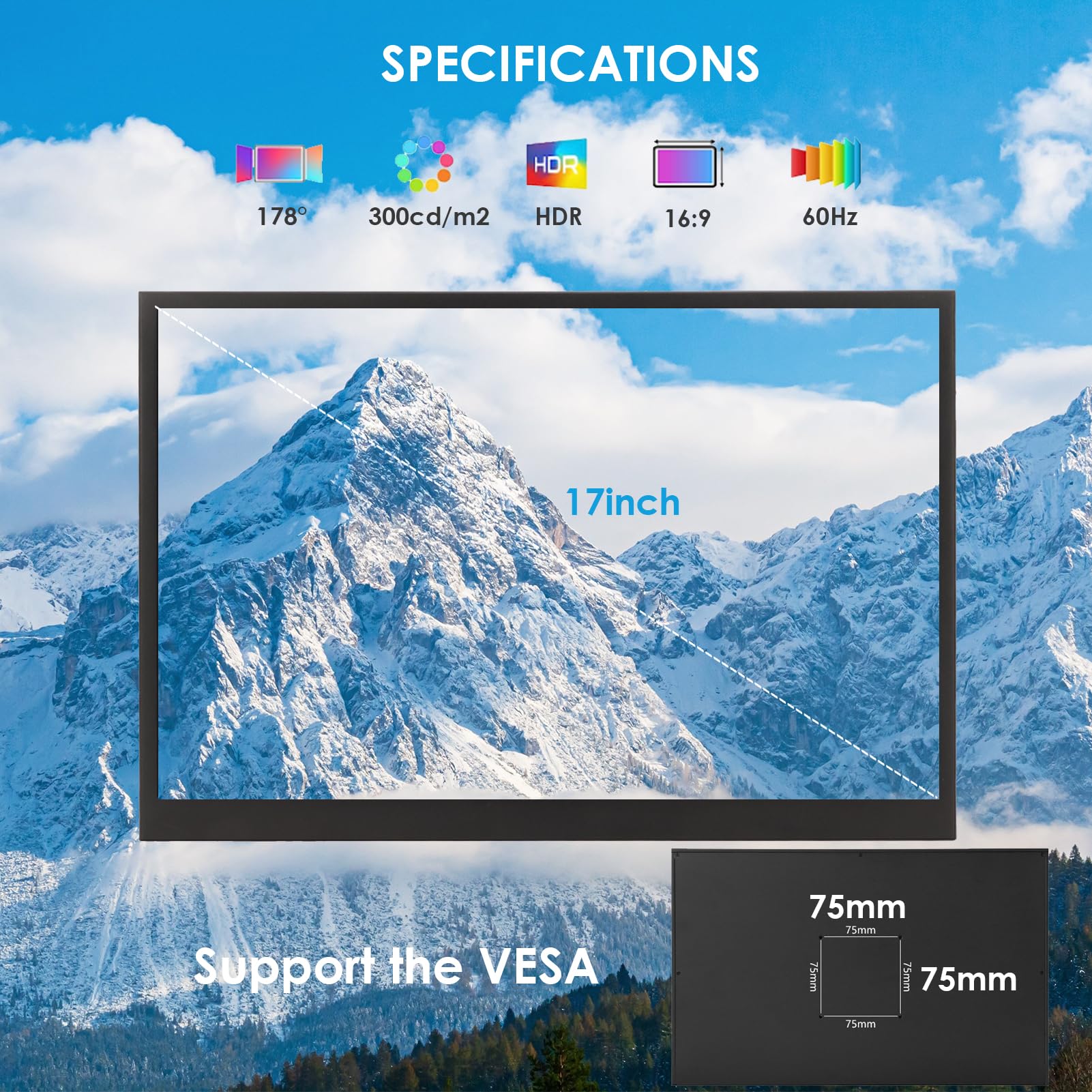 17 Inch Portable Monitor with 1440x900 Resolution, 300cd/m² sRGB, USB-C & HDMI, VESA Mount - Travel Monitor for Laptop, Mac, Phone, PS5, Switch - Perfect for Work, Gaming & Entertainment On The Go