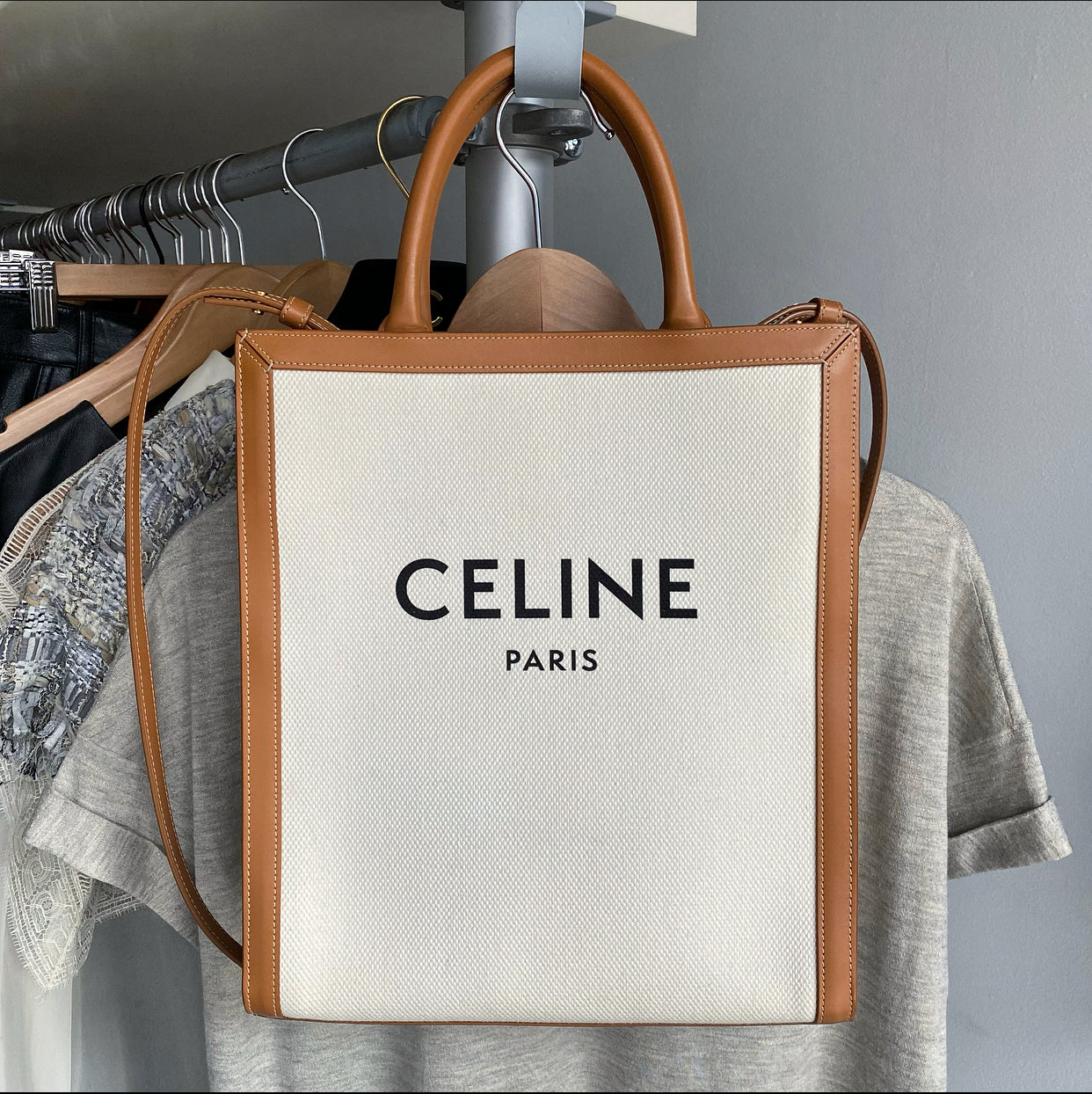 Celine Vertical Canvas and Leather Logo Tote Bag for Women - Stylish Designer Handbag for Work, Travel & Everyday Use