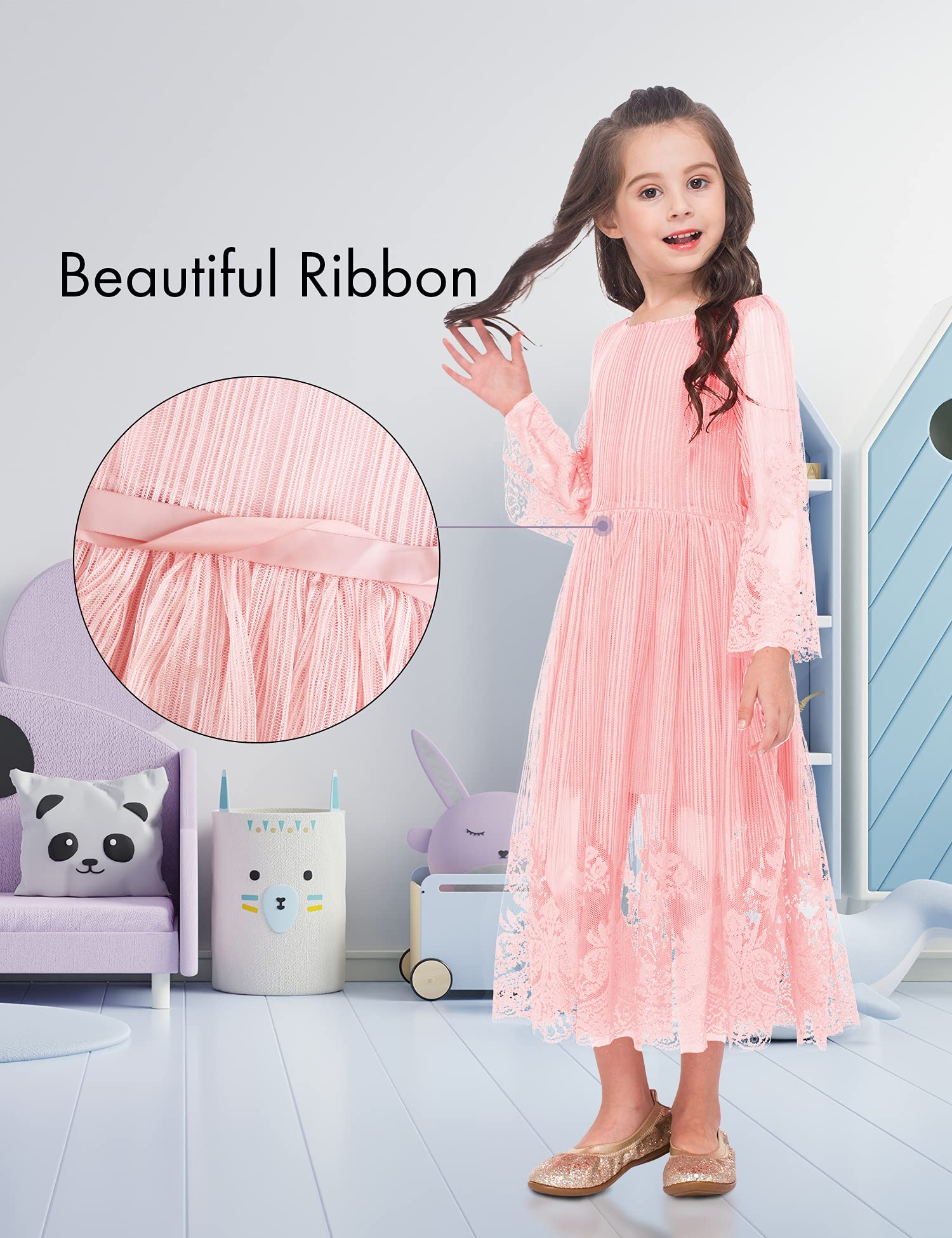 Girls Lace Floral Midi Dress - Elegant Long Sleeve First Communion Dress for Flower Girls | Perfect for Weddings, Birthday Parties & Special Occasions