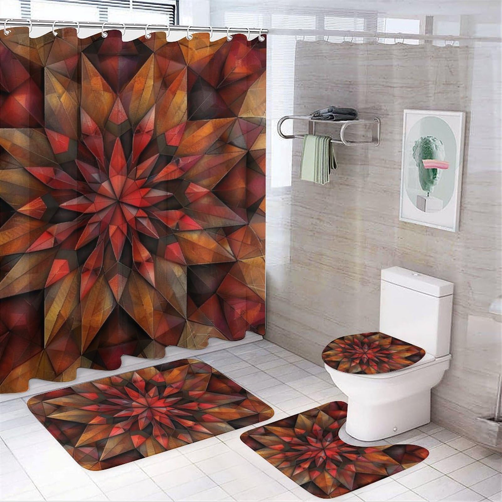 4Pcs Minimalist Art Deco Shower Curtain Set with Bath Mat & Rugs - Geometric Mandala Floral Design for Modern Bathroom Decor | Waterproof & Non-Slip Bathroom Accessories for Home, Apartment, Hotel