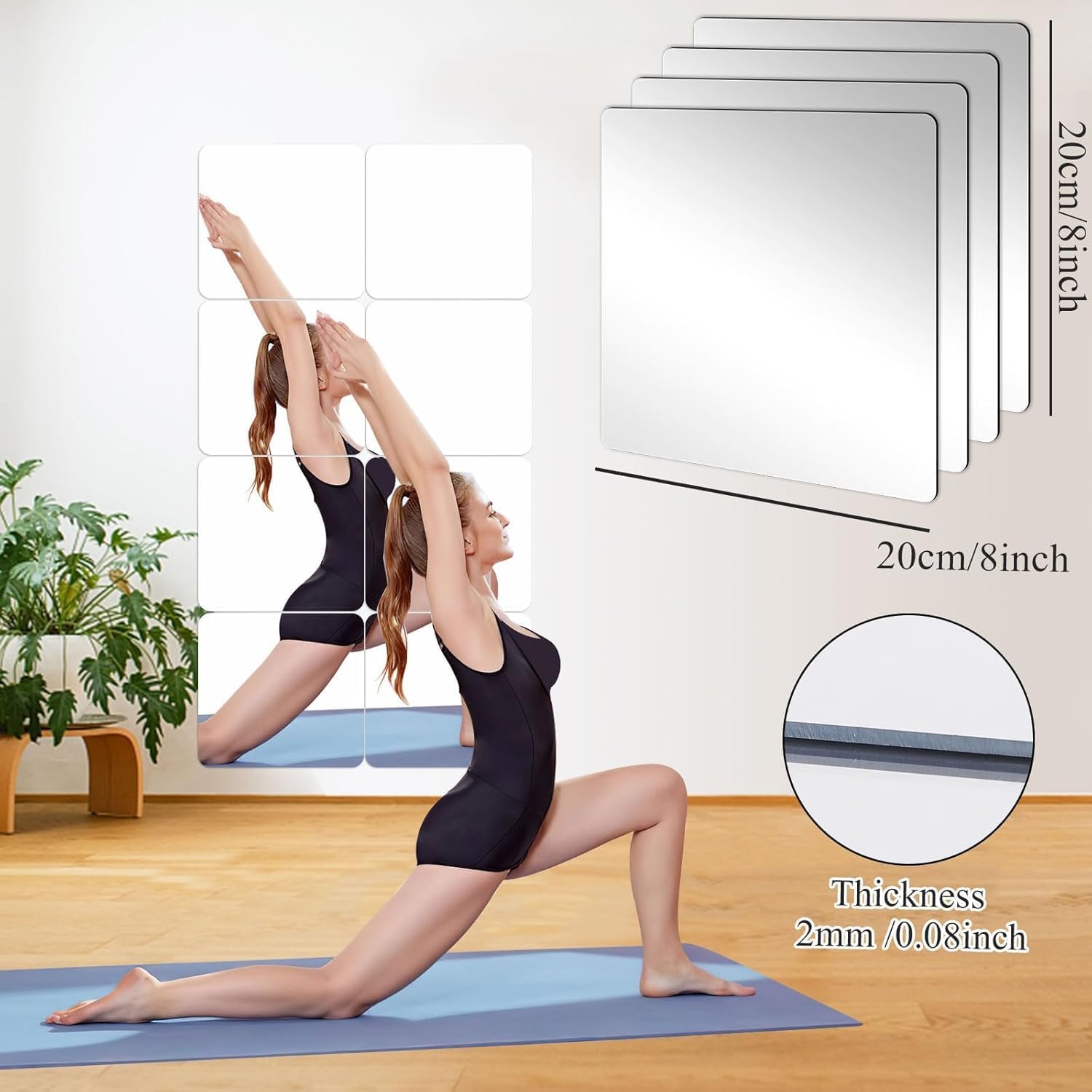 8 Pack Self-Adhesive Acrylic Mirror Tiles - 8x8 Inch Flexible Plastic Mirror Sheets, 2MM Thick Frameless Wall Stickers for Home Decor, DIY Projects, and Bathroom Vanity