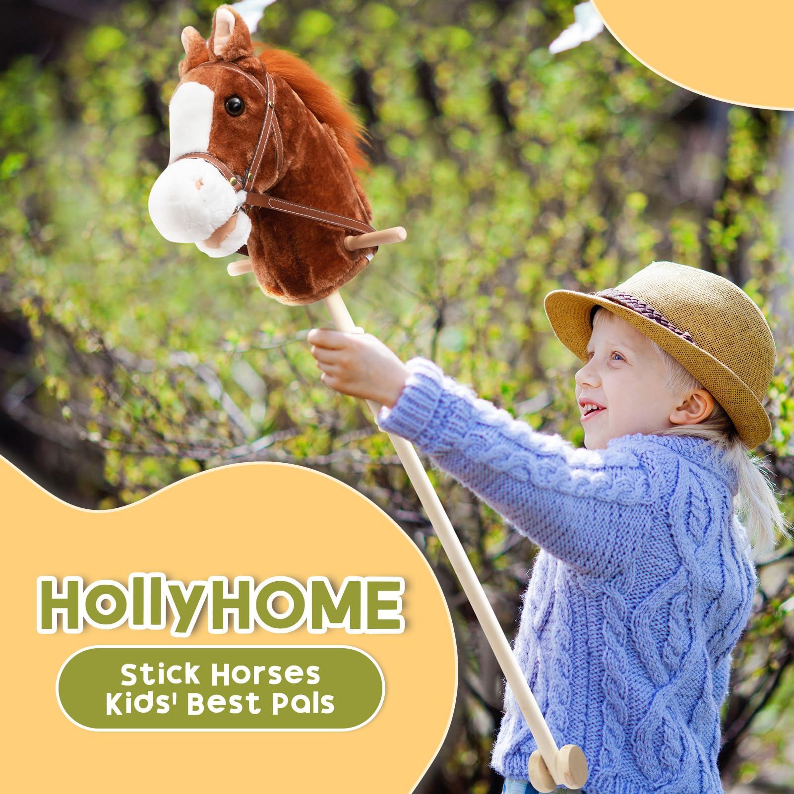 Handcrafted Stick Horse Plush Toy with Wooden Wheels & Real Neighing Sounds - 36
