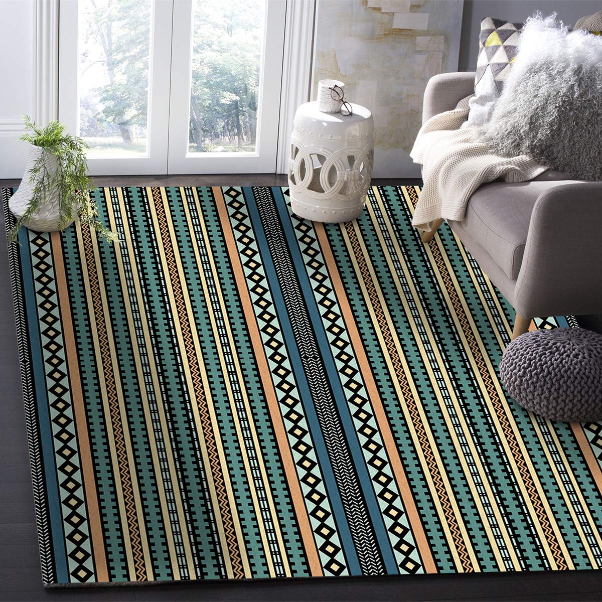 4'x6' Non-Shedding Boho Outdoor Rug - Geometric Pattern Area Carpet for Bedroom, Living Room, Entryway, Kitchen & Bathroom Decor | Perfect for Home, Apartment, Patio & Dorm Use