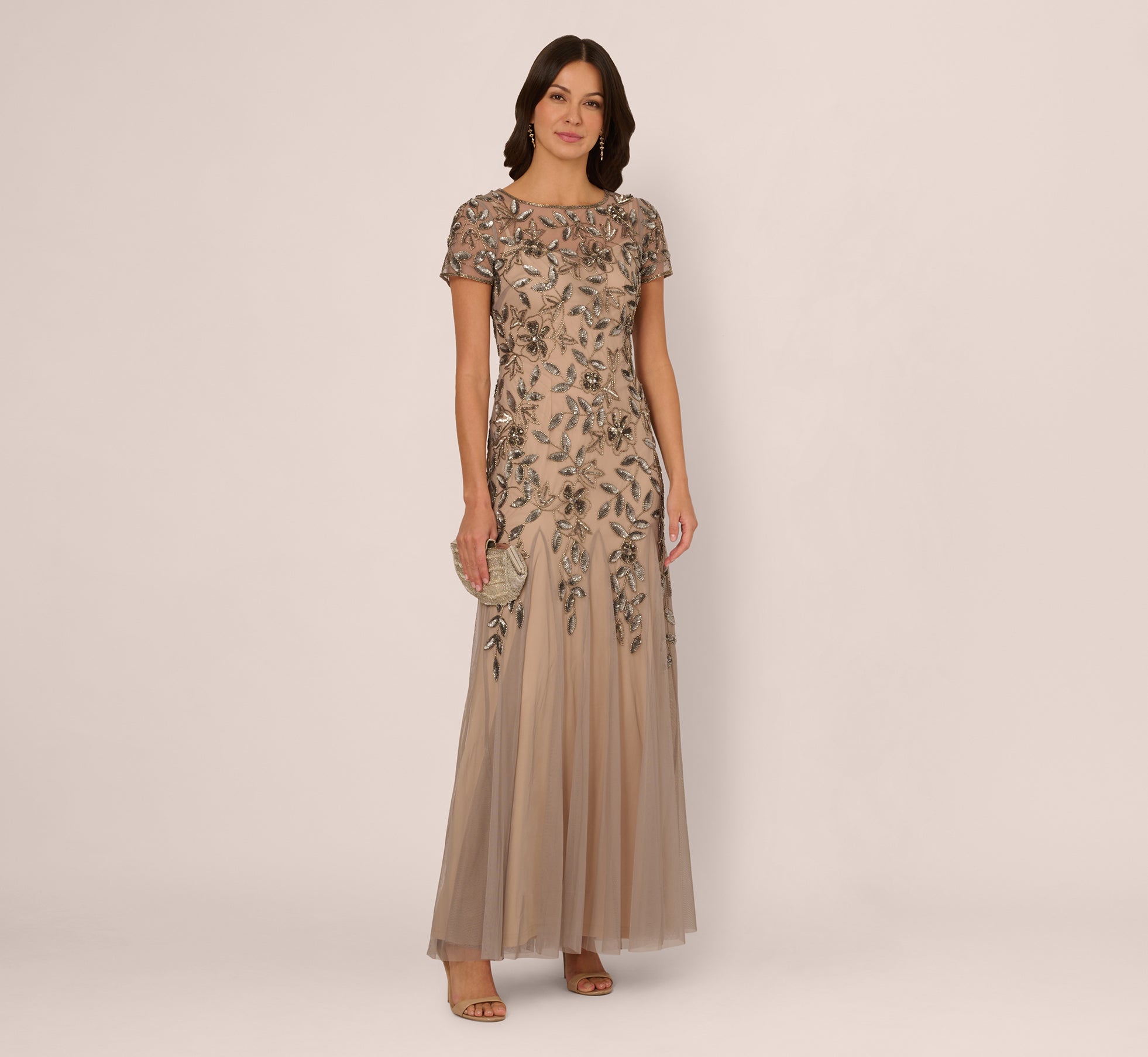 Hand Beaded Short Sleeve Floral Godet Gown in Mercury Nude - Elegant Boho Maxi Dress for Weddings, Parties & Special Occasions