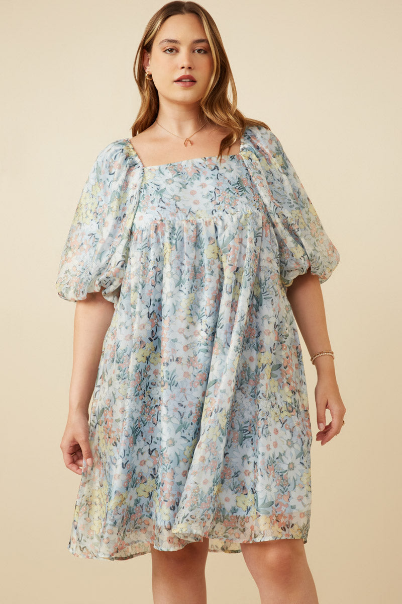 Elegant Floral Organza Puff Sleeve Dress for Women - Summer Wedding Guest Dress, Garden Party Outfit & Formal Occasion Wear