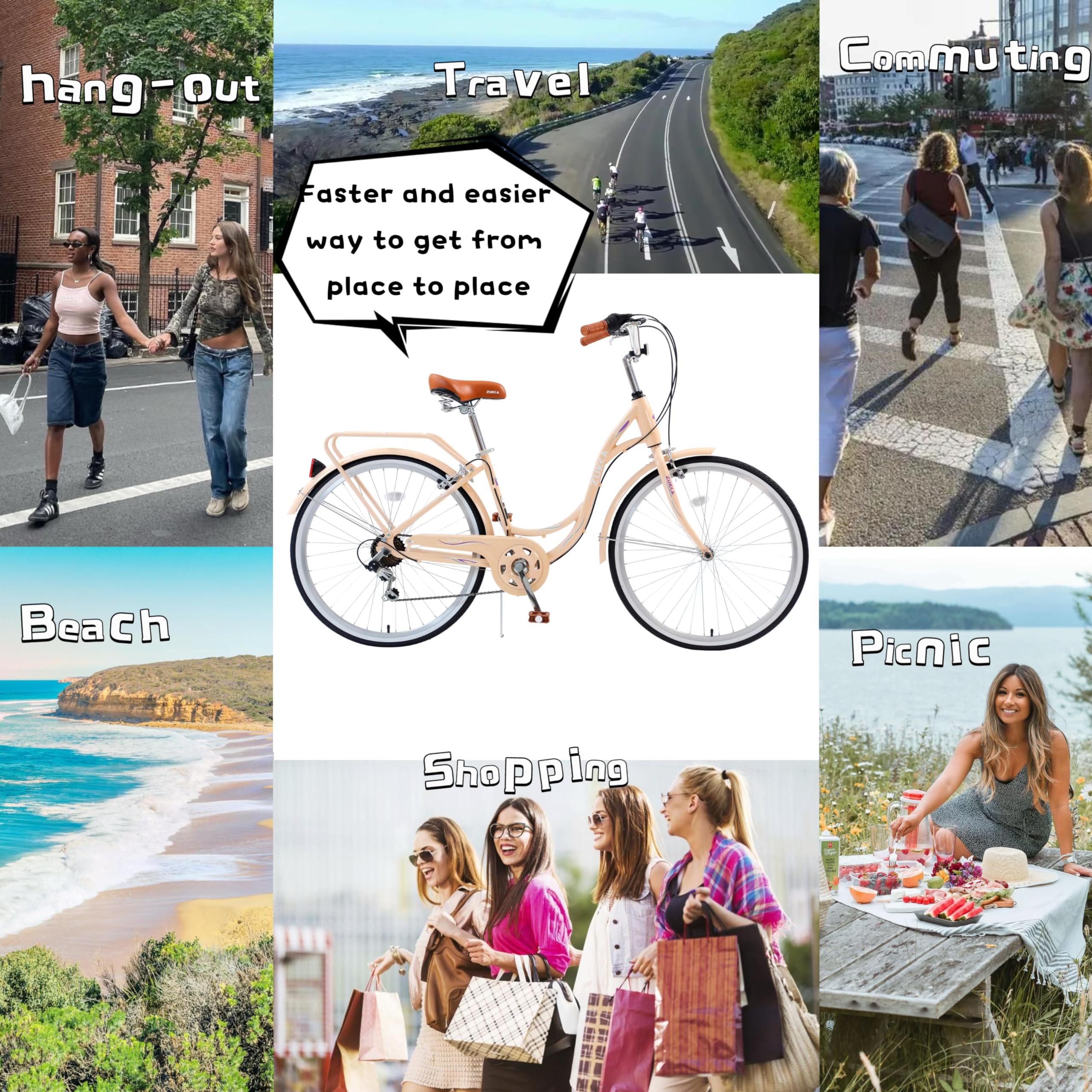 **26 Inch 7-Speed Women's Cruiser Bicycle - US Stock | Beach & City Hybrid Bike in Lotus Pink (Beige) | Perfect for Commuting, Leisure Rides & Beach Outings**