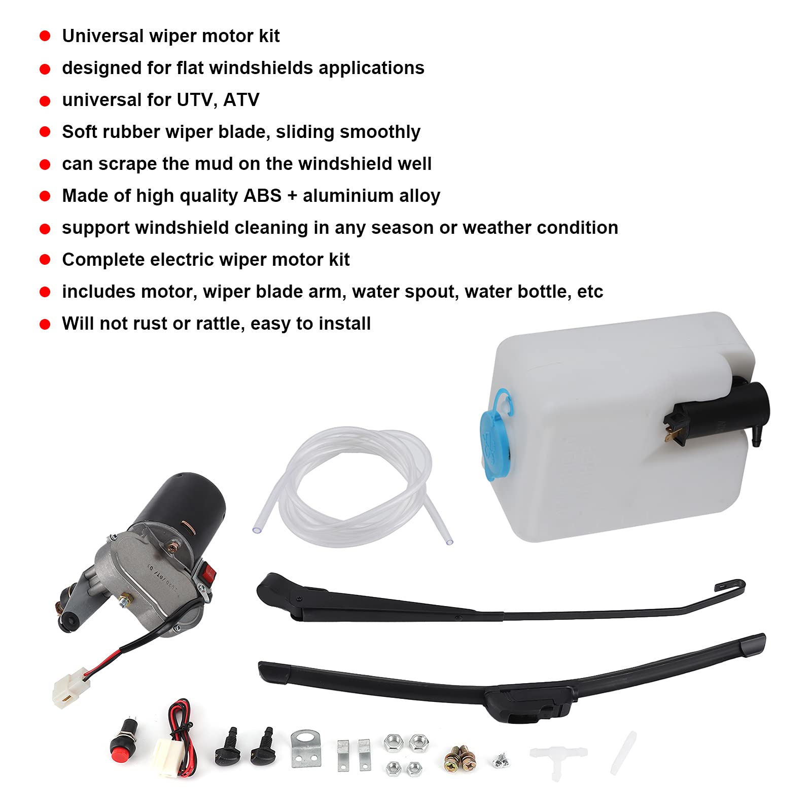 Electric Windshield Wiper Assembly Kit with Motor, Blade, Arm & Water Spout for UTV ATV - Perfect for Off-Road Adventures, Rainy Weather & Outdoor Work