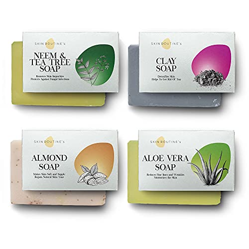 100% Natural Handmade Soap Set - Neem & Tea Tree, Clay, Almond, Aloe Vera Soap Combo (4 Pack, 100g Each) | Organic Skincare for Acne, Dry Skin & Daily Cleansing | Perfect Gift for Spa, Bath & Self-Care Routine