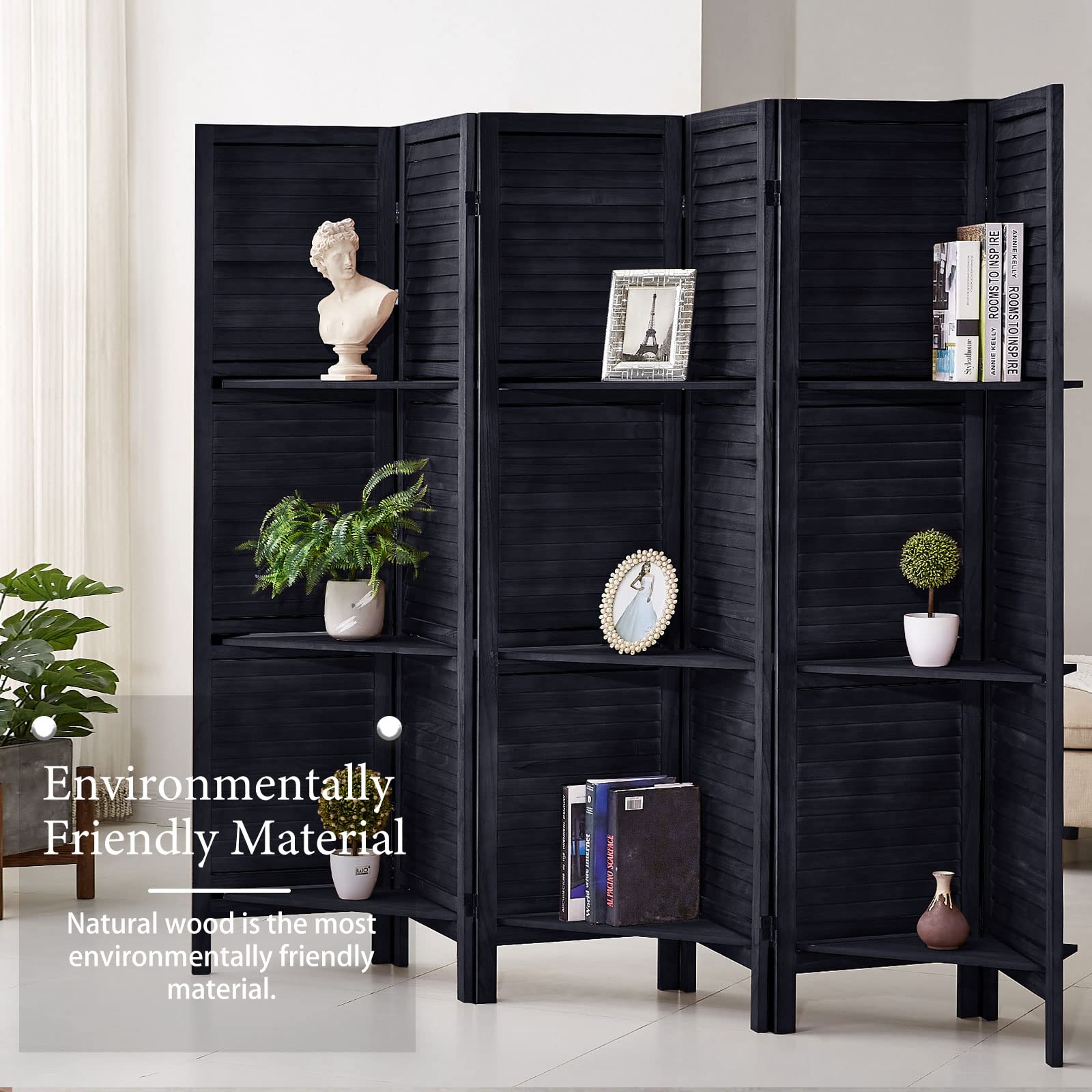 6 Panel Wood Room Divider - 5.6 Ft Tall Folding Privacy Screen with Shelves | Black Partition Wall for Home Office, Bedroom & Living Room | Space Separator for Privacy & Organization