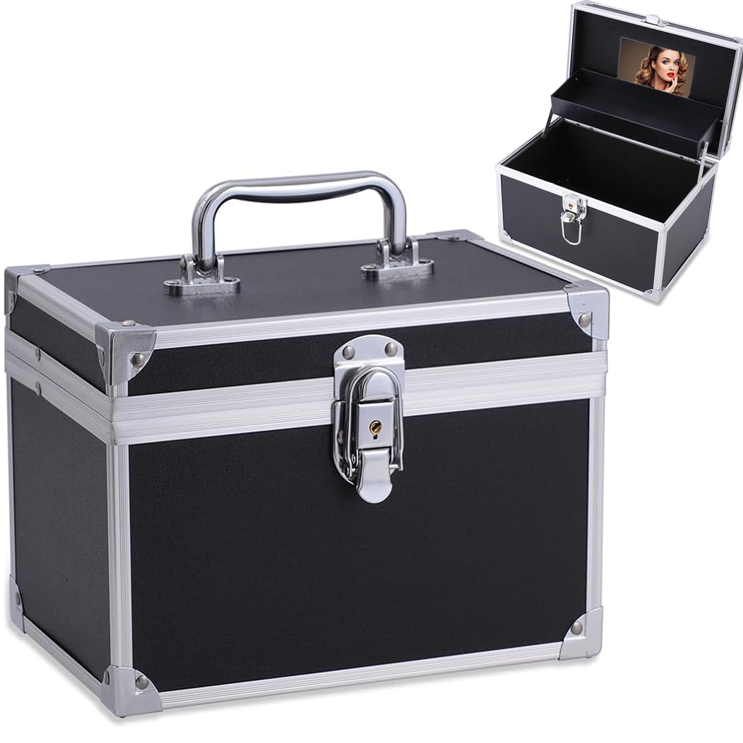 Portable Lockable Makeup Train Case with Mirror & Trays - 6.3