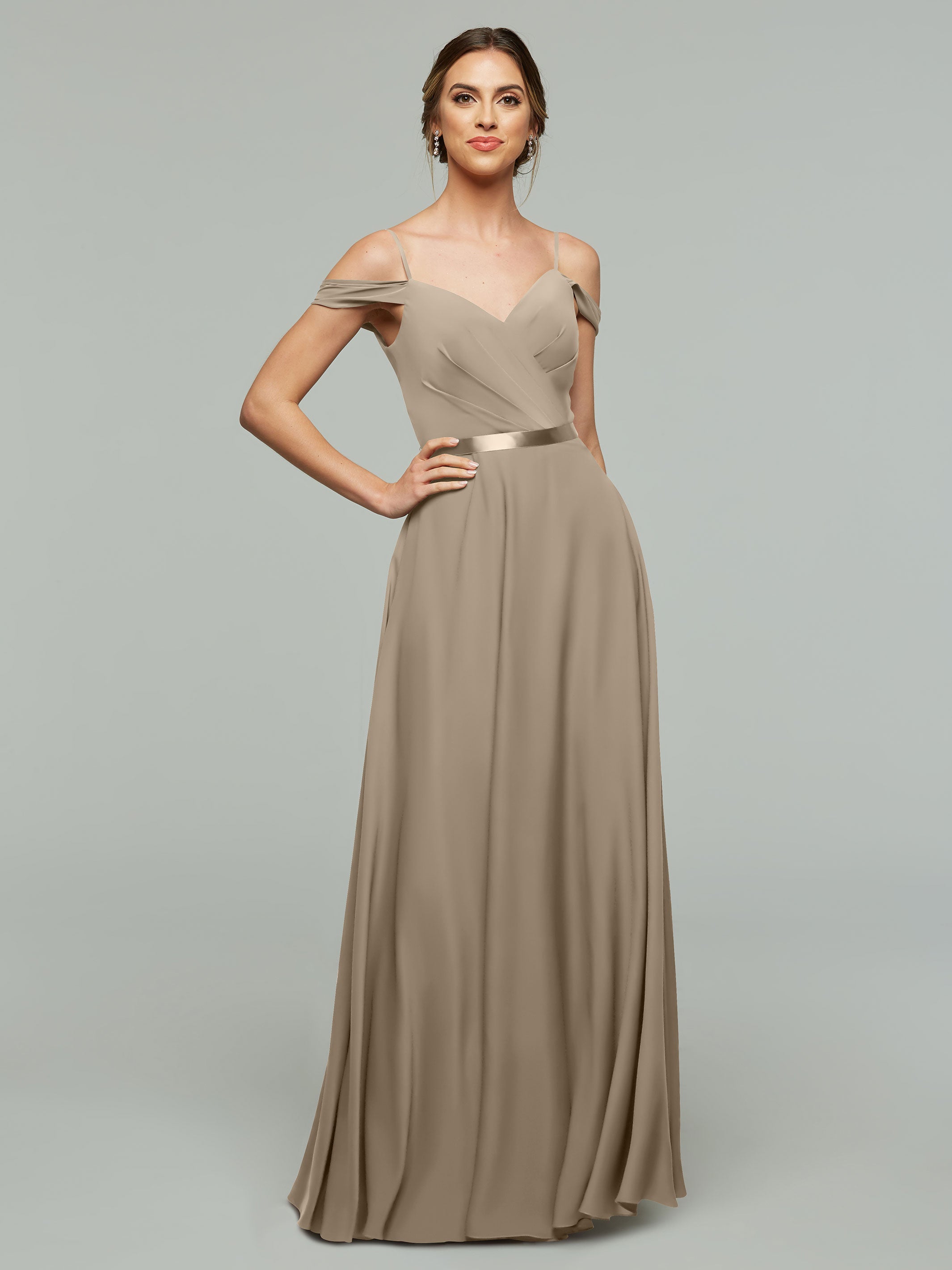 Elegant Off-The-Shoulder Stretch Chiffon A-Line Bridesmaid Dress with Sash - Perfect for Weddings, Formal Events & Special Occasions
