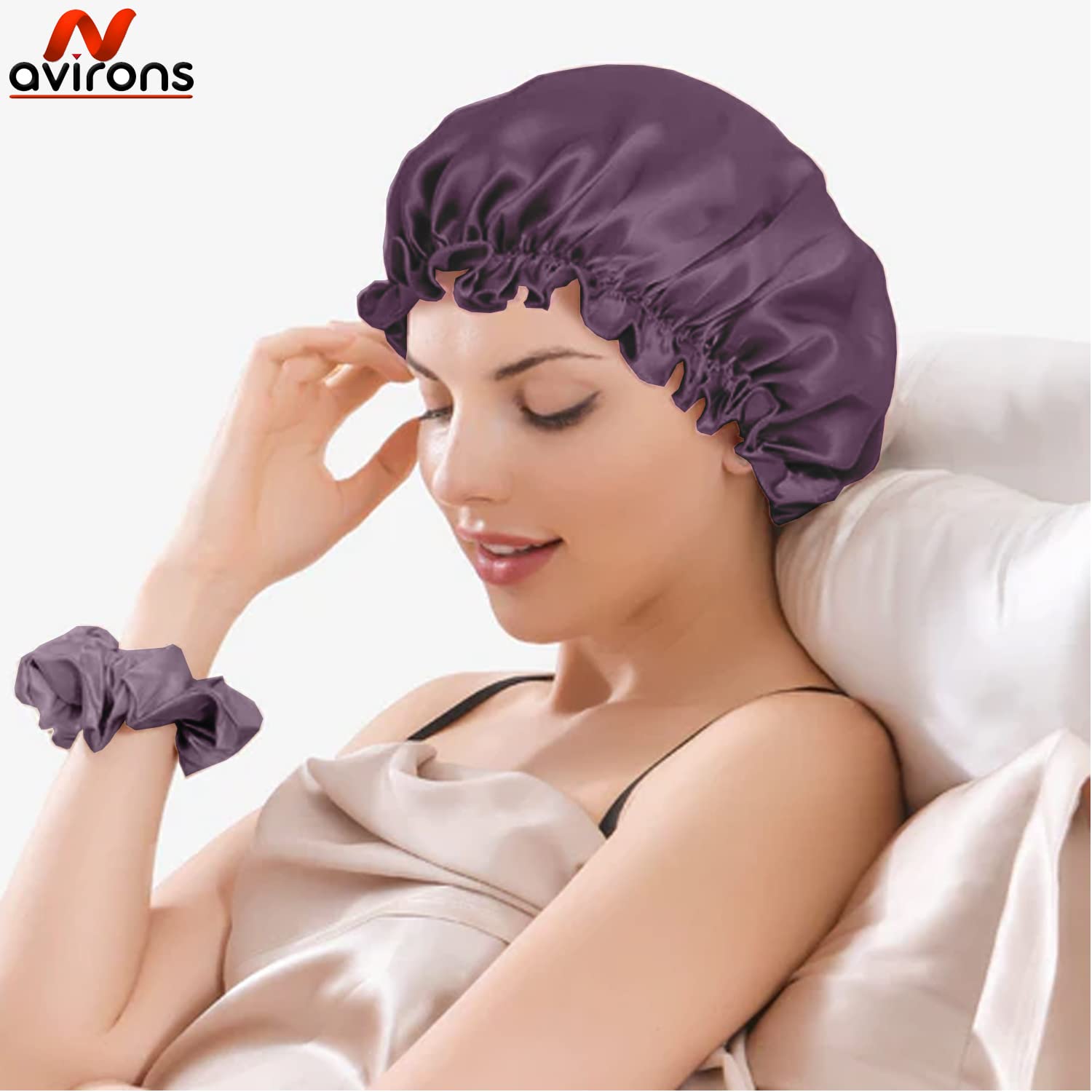 Avirons Satin Silk Hair Bonnet for Sleeping - Adjustable Pure Satin Hair Cap with 3 Scrunchies for Women & Girls | Curly Hair Protection | Soft Satin Hair Wrap for Nighttime & Travel (Multicolor)