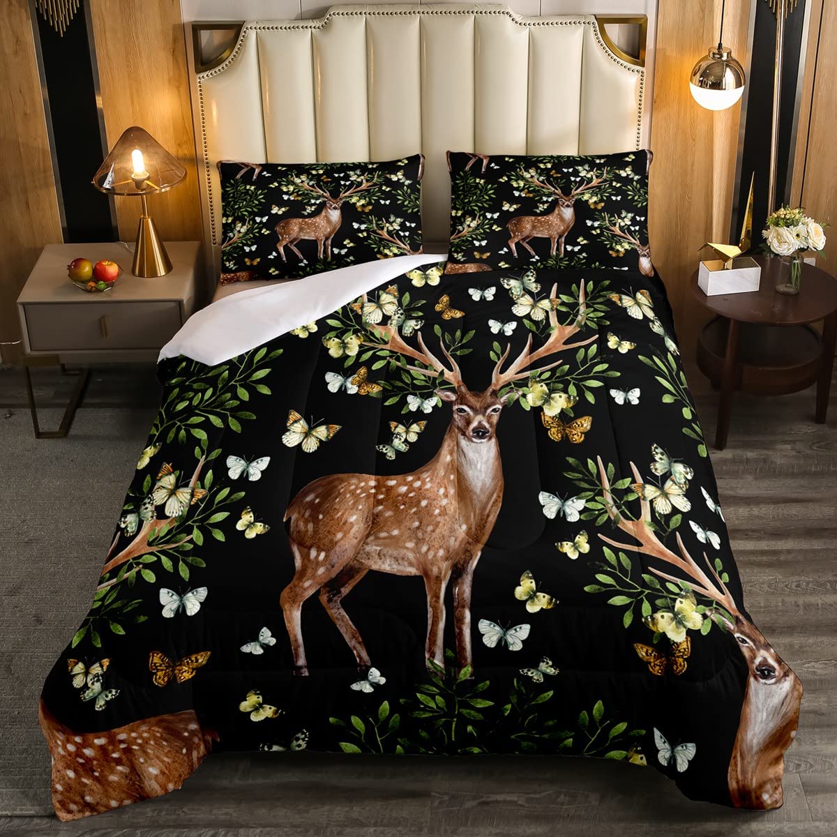 Erosebridal Christmas Deer & Butterfly Down Comforter Set - Twin Size Antler Animal Leaf Branch Design for Kids Bedroom | Warm Black Duvet Set for Boys & Girls | Perfect for Holiday Decor & Cozy Winter Nights