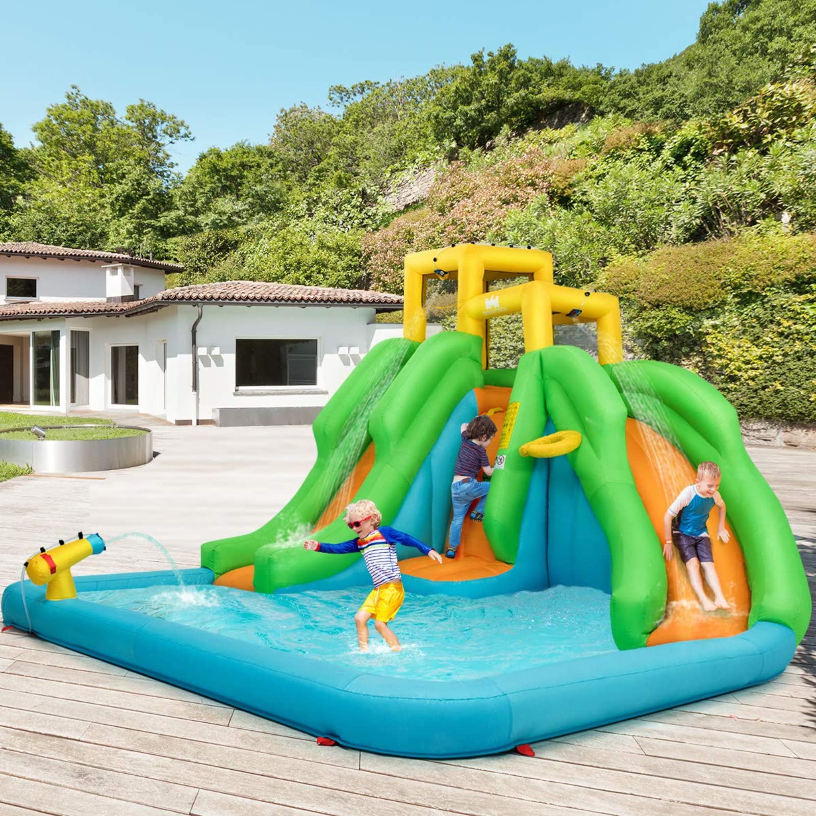 BOUNTECH 6-in-1 Inflatable Water Slide Park with Blower - Dual Racing Slides, Splash Pool for Kids & Adults | Outdoor Backyard Summer Party, Birthday Gift, Family Fun Water Activity for Garden, Poolside & Beach