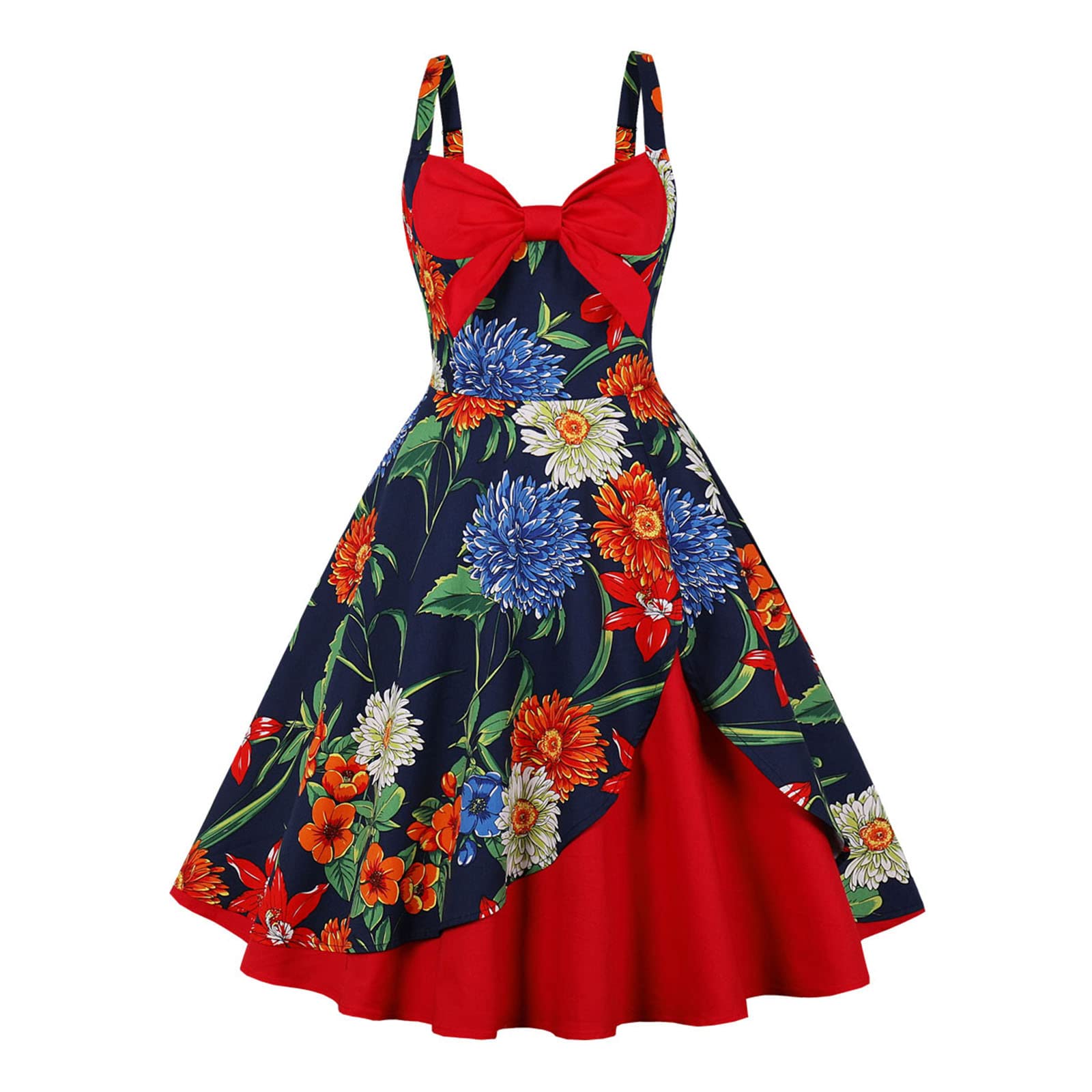 2022 Women's Retro Sleeveless Spaghetti Strap Floral Bow Dress - Elegant Formal Prom Dress for Summer Weddings & Evening Parties