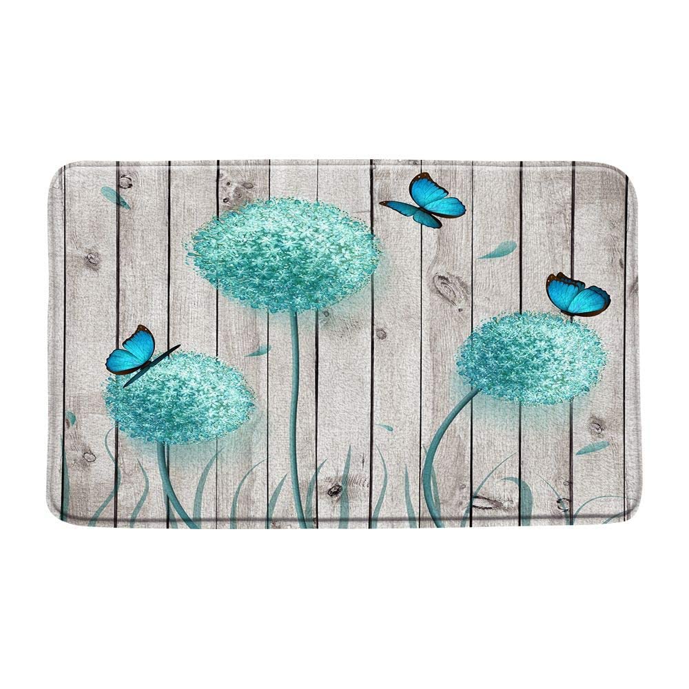 Vintage Rustic Blue Dandelion Butterfly Bath Mat - Memory Foam Non-Slip Bathroom Rug with Wooden Board Design (16x24 & 20x31 Inch) - Perfect for Country Style Bathroom Decor, Spring Floral Kitchen Floor Mats & Farmhouse Home Accessories