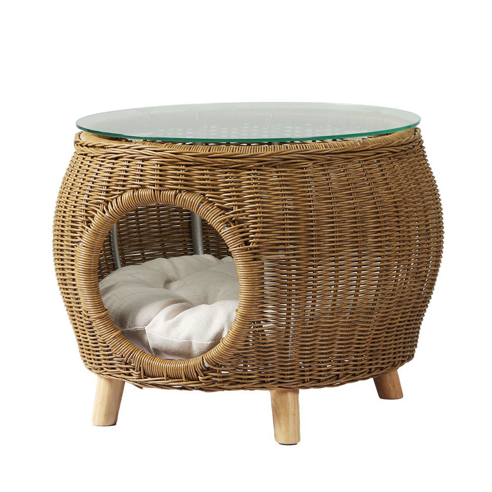 Stylish Wicker & Aluminum Coffee Side Table with Pet Bed Storage - Perfect for Living Room, Patio, and Outdoor Spaces