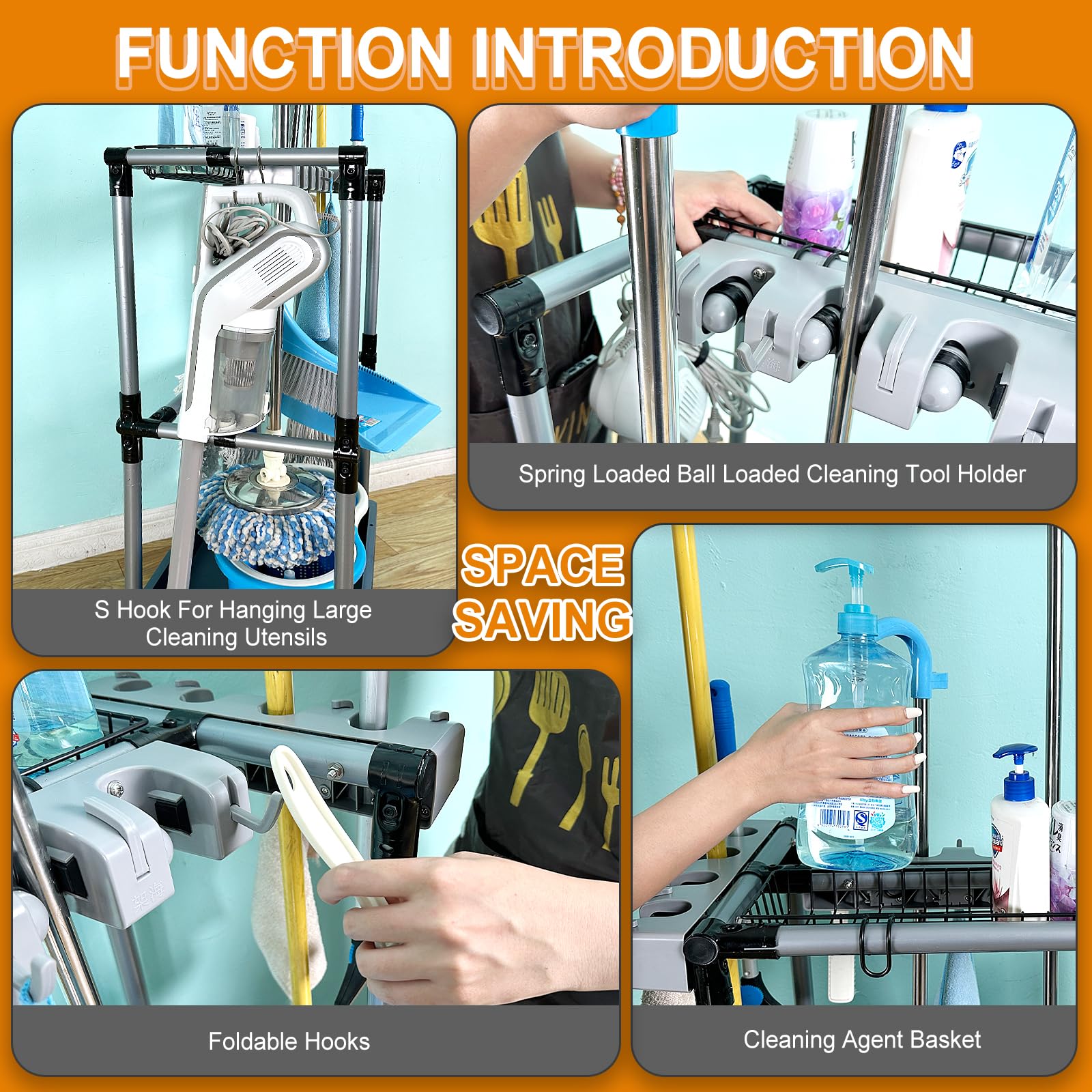 QTJH Floor-Standing Multi-Functional Cleaning Tool Organizer - Wall Mount Broom & Mop Holder with Hooks for Storage of Cleaning Supplies - Perfect for Kitchen, Garage, Laundry Room & Bathroom Organization