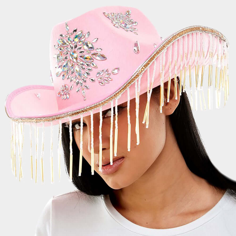 Sparkling Pink Rhinestone Embellished Cowboy Hat with Pointed Band & Fringe Detail - Western Style Fashion Accessory for Rodeo, Country Music Festivals & Costume Parties