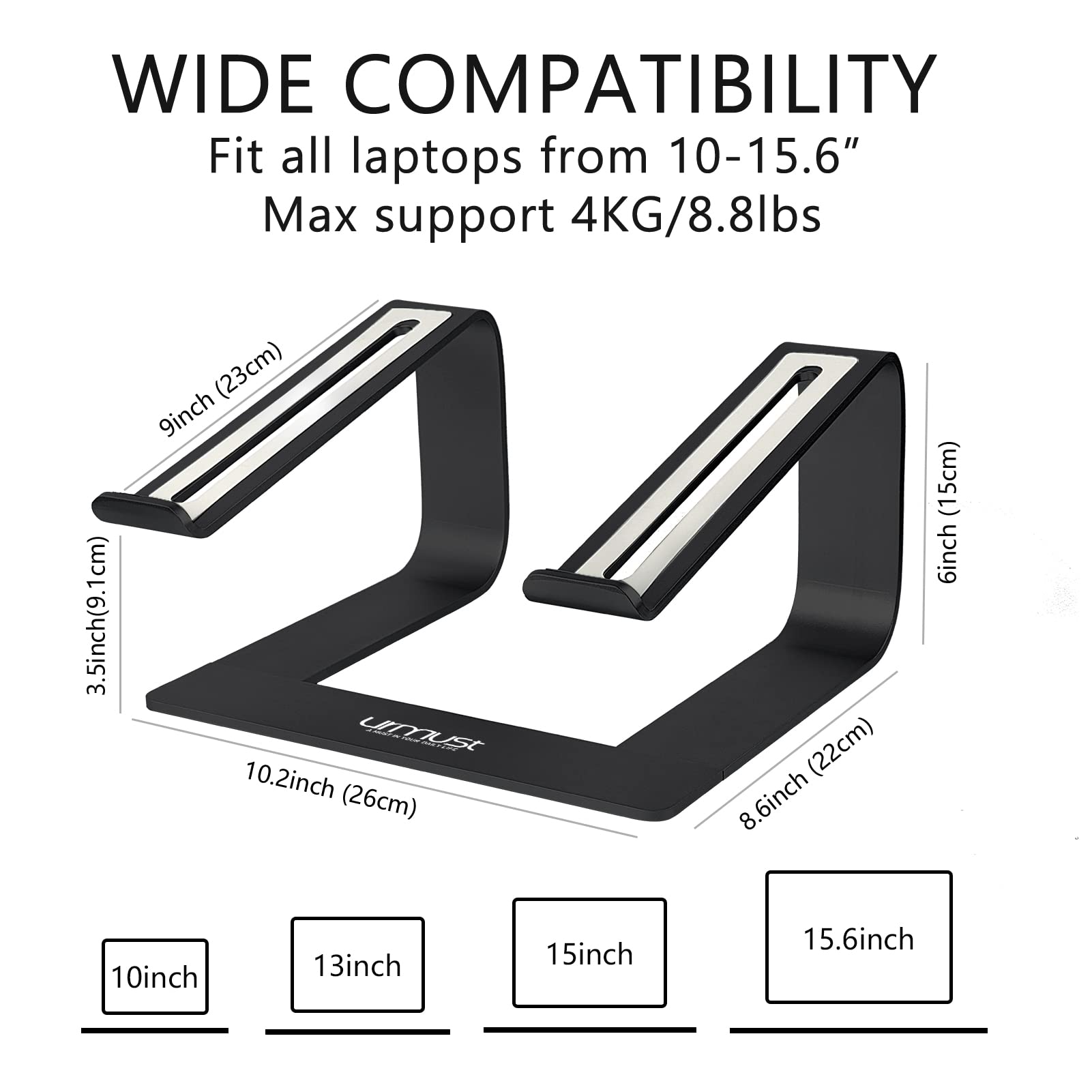 Urmust Aluminum Laptop Stand for Desk - Adjustable Ergonomic Notebook Riser Holder Compatible with MacBook Air Pro, Dell, HP, Lenovo, Samsung, Alienware 11-15.6