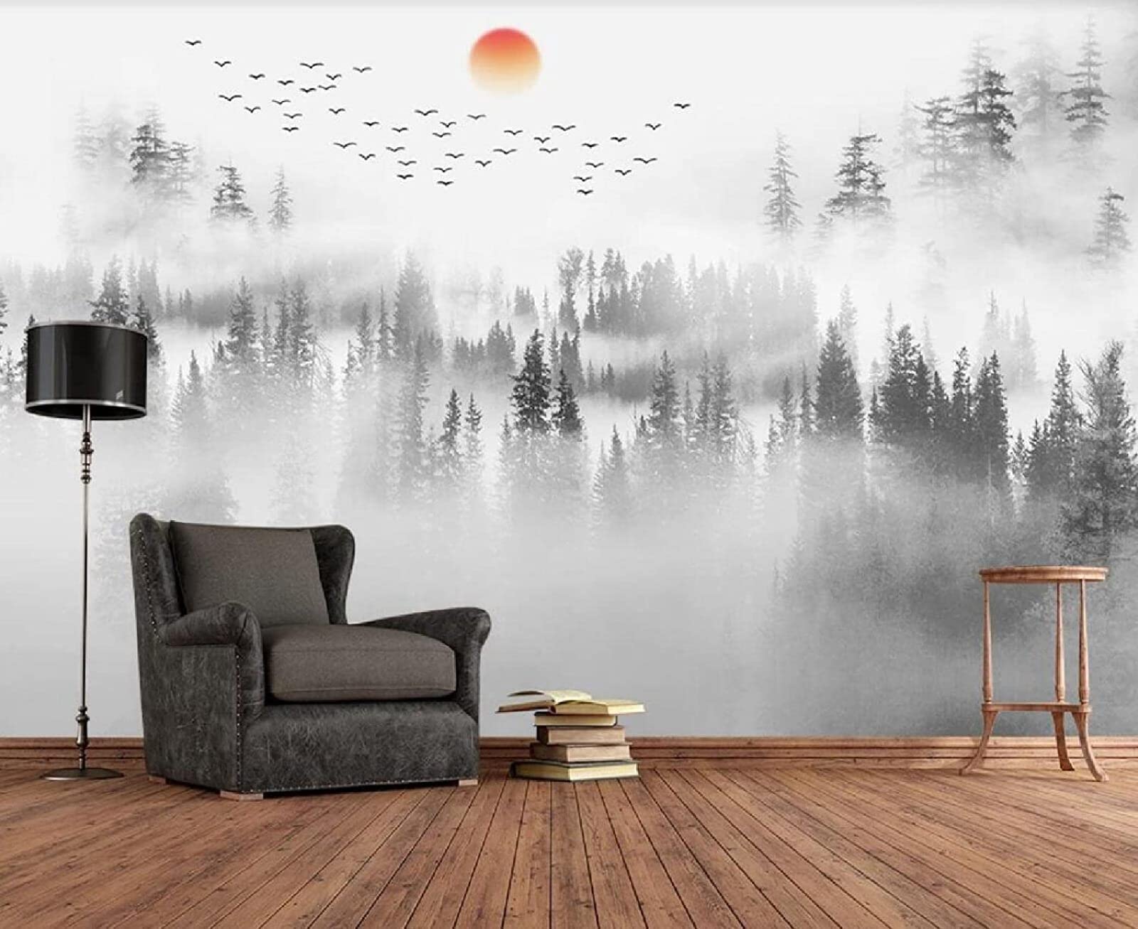 Gray Forest Foggy Bird Sunrise Landscape Wall Mural - 250x175cm Bedroom & Living Room Wallpaper Poster - Perfect for Home Decor, Accent Walls, and Creating a Serene Atmosphere