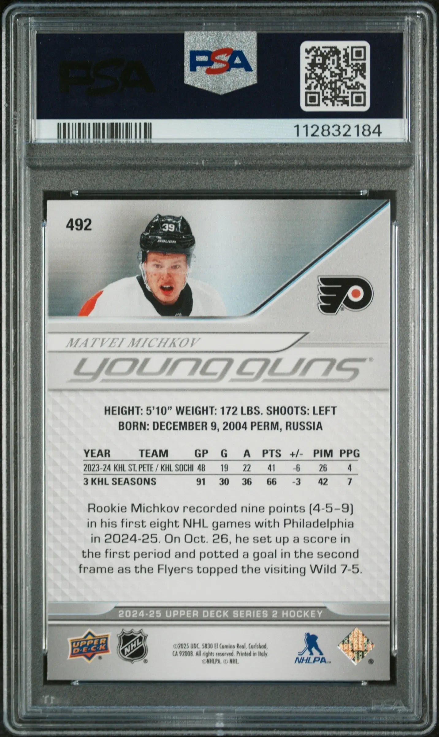2024-25 Upper Deck Series 2 Hockey Matvei Michkov Young Guns Rookie Card PSA 8 Mint - Collectible Trading Card for NHL Fans & Sports Memorabilia Enthusiasts