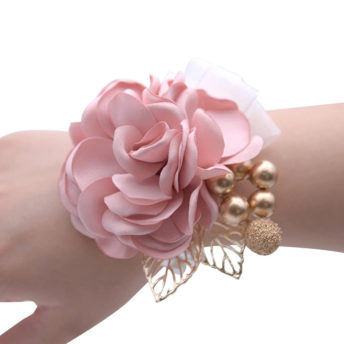 Snadulor 1Pcs Artificial Flower Wrist Corsage Bracelet for Bride & Bridesmaids - Champagne Pink Wedding Accessory for Bridal Shower, Anniversary & Party - Perfect for Wedding Bouquet Alternatives & Photo Props