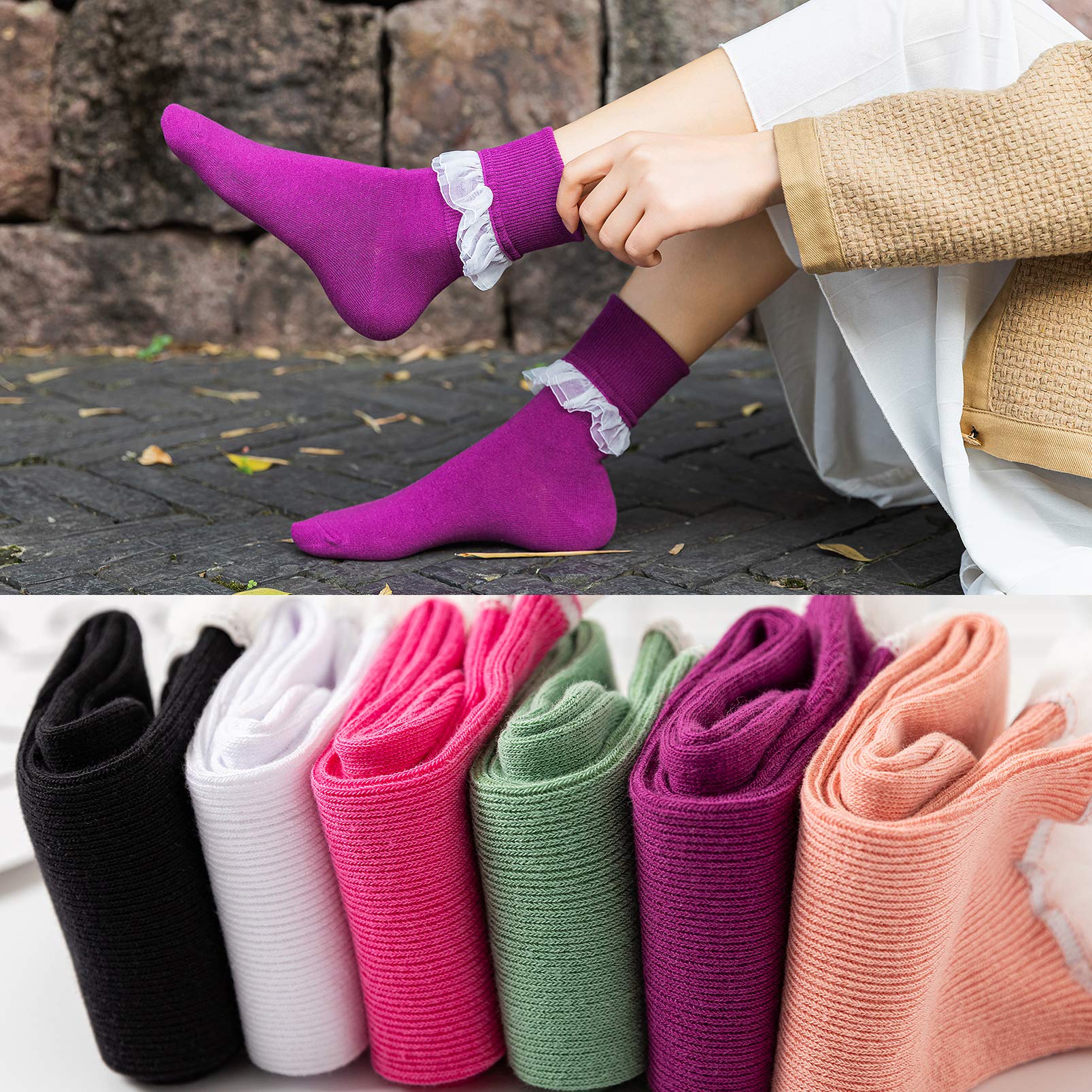 SEMOHOLLI Women's Lace Ruffle Ankle Socks - Fashionable Frilly Socks for Ladies & Girls - Perfect for Princess Costumes, Vintage Outfits & Everyday Wear